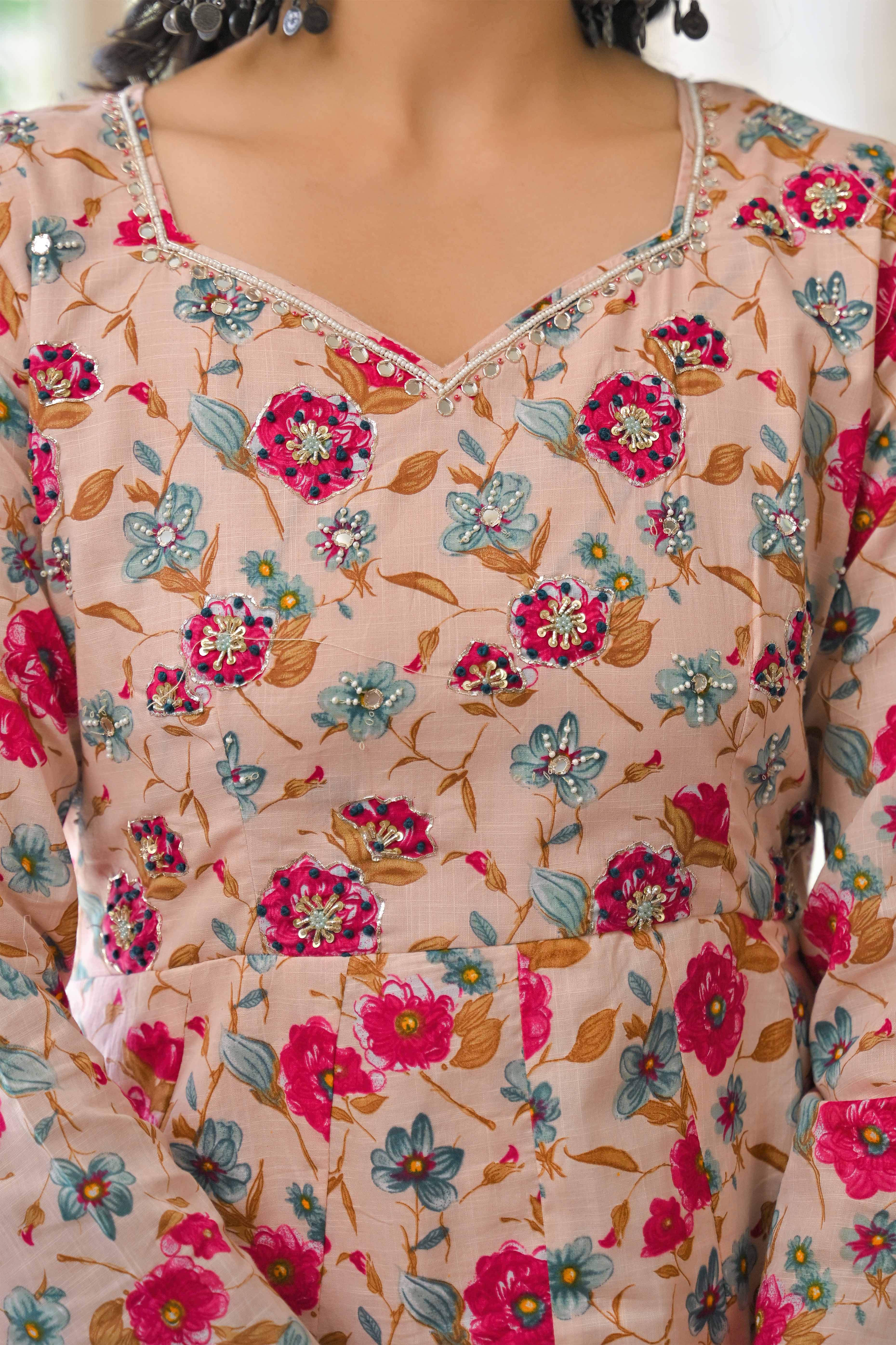 Light Pink Floral Printed Beads Work Pure Cotton Anarkali Salwar Suit