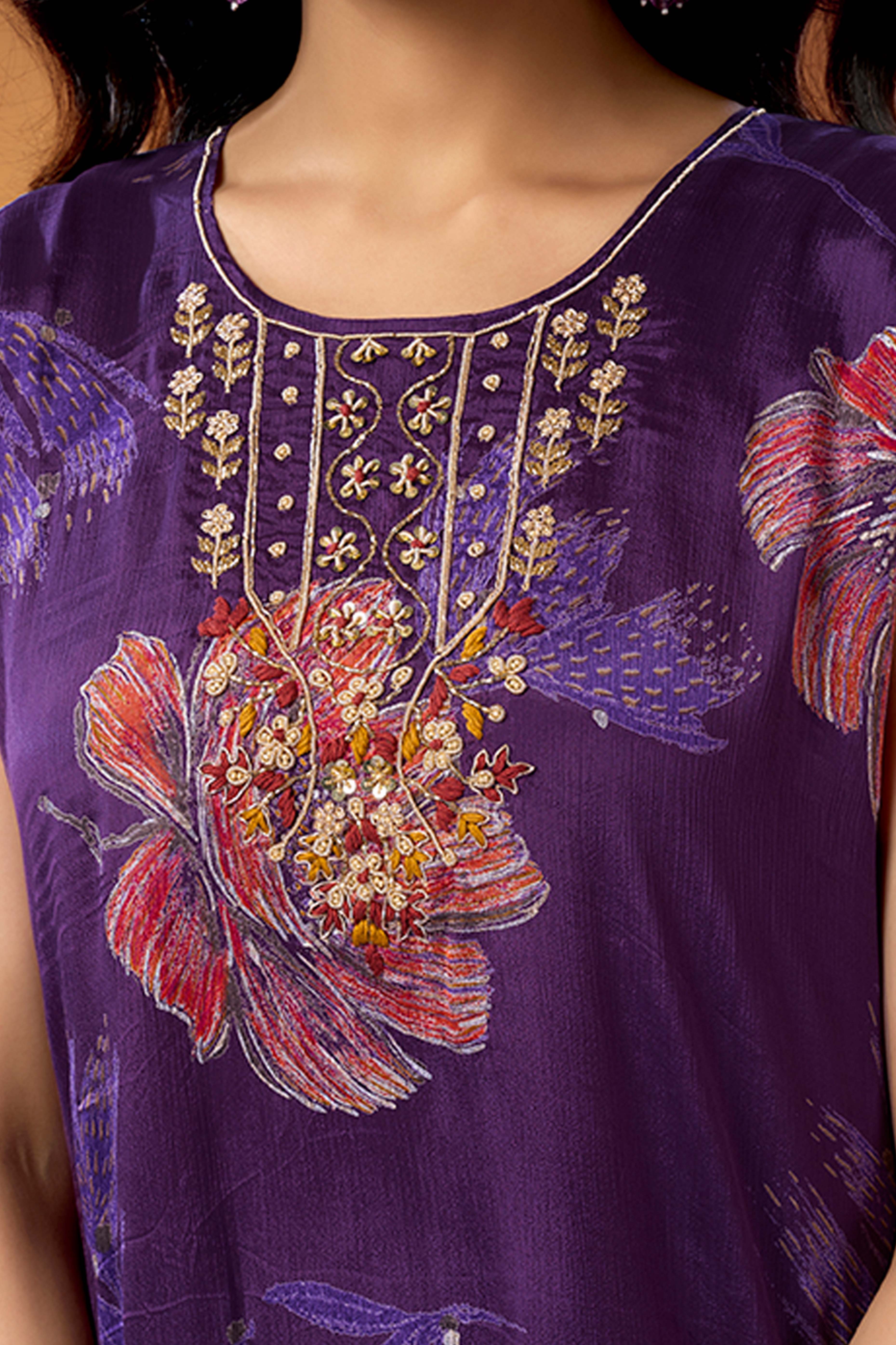 Dark Purple Floral Printed Beads Work Pure Chinon A-Line Salwar Suit