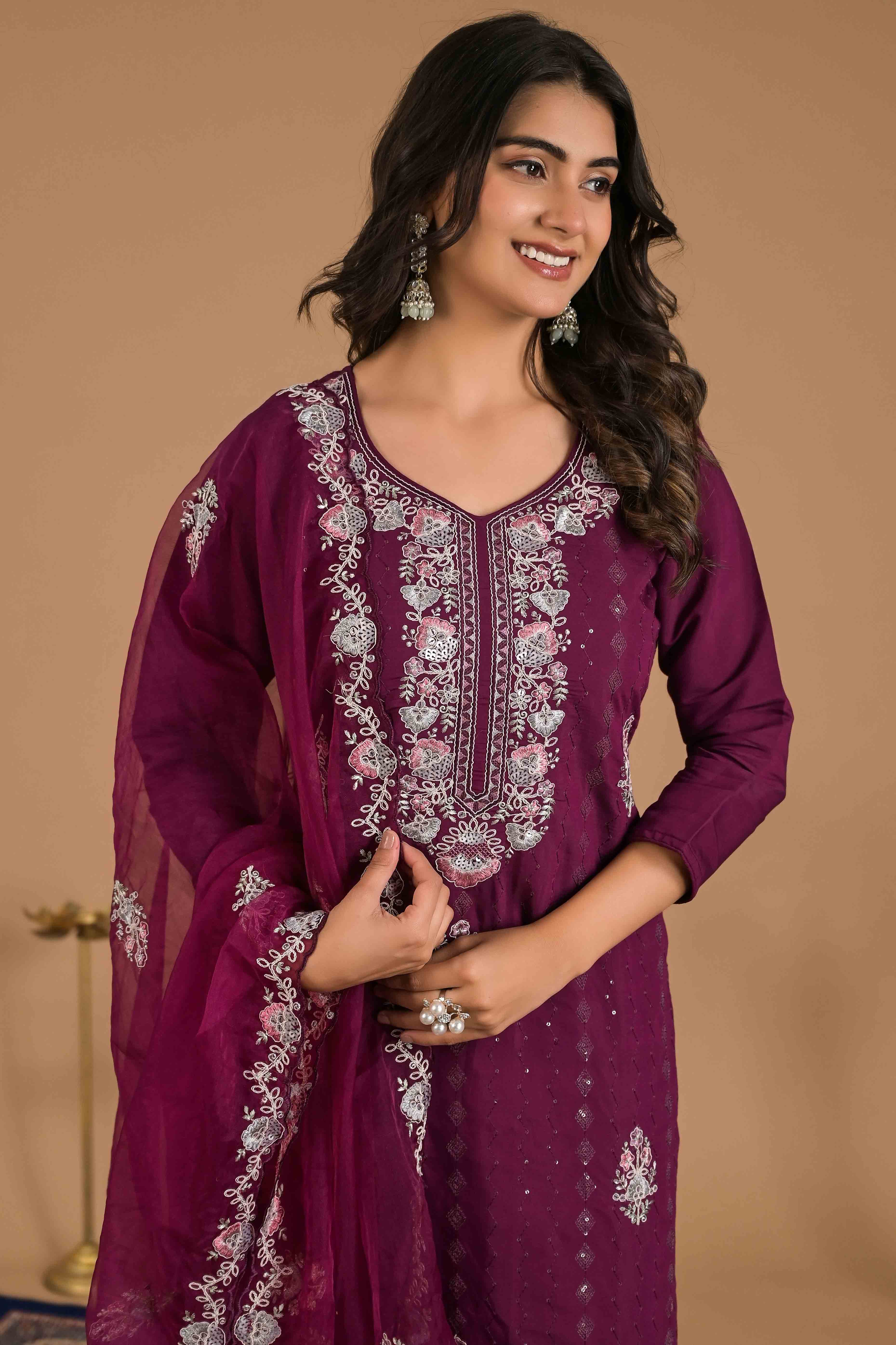 Imperial Purple Floral Embroidered Sequins Work Cotton Silk Straight Salwar Suit