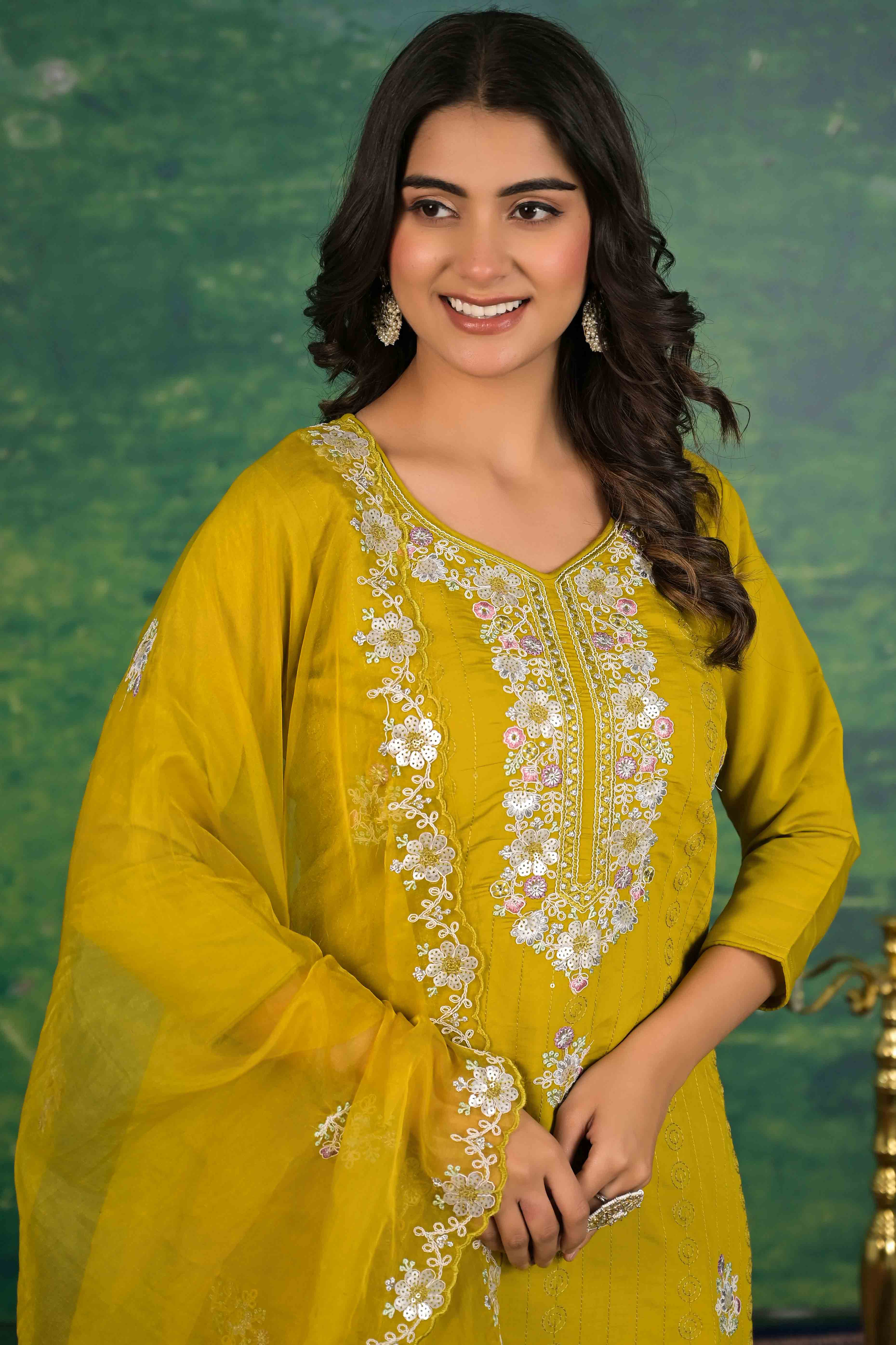 Mustard Floral Embroidered Sequins Work Cotton Silk Straight Salwar Suit