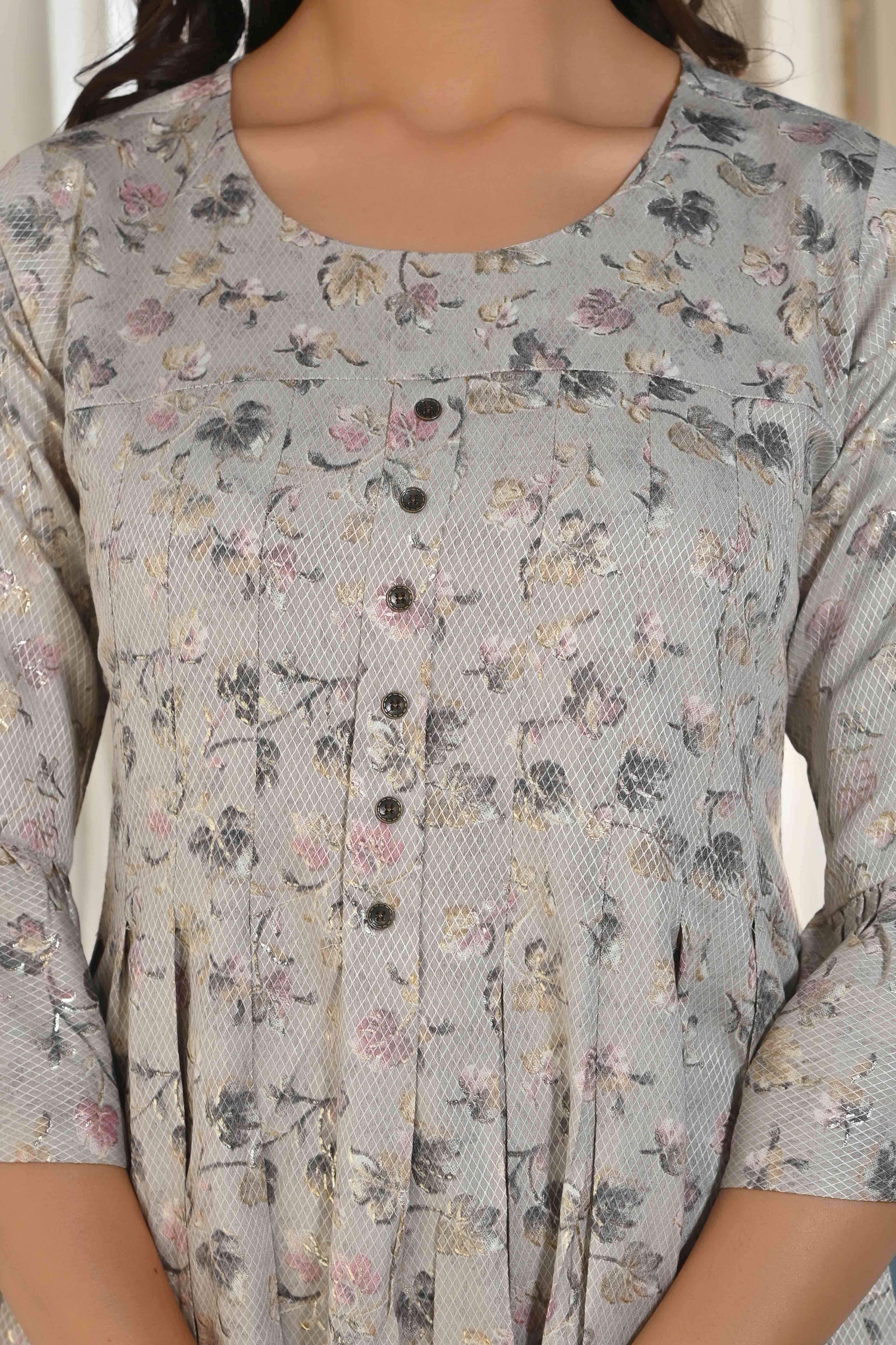 Grey Floral Foil Printed Rayon A-Line Top