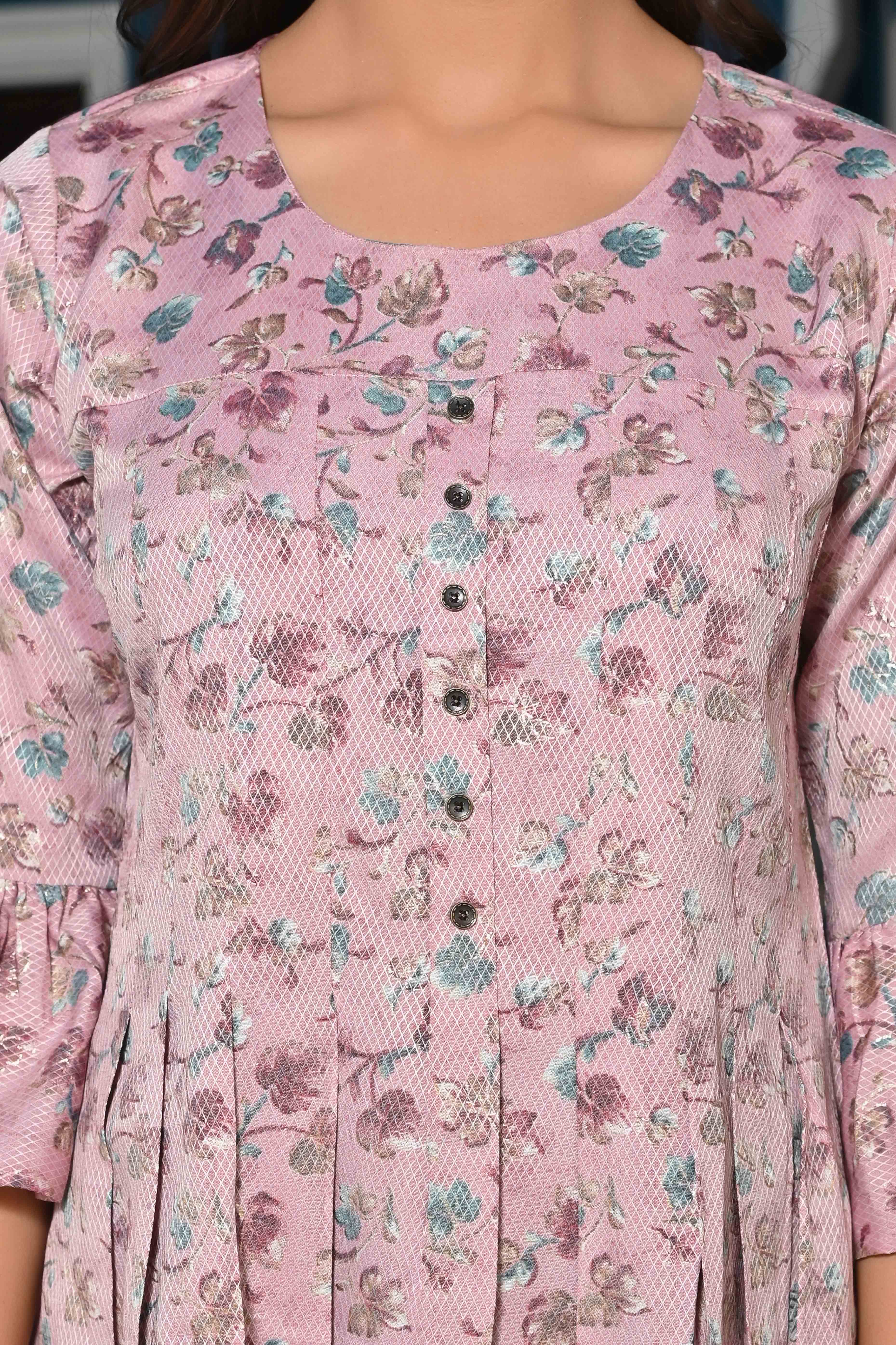 Light Purple Floral Foil Printed Rayon A-Line Top