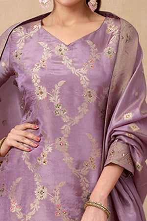 Mauve Floral Zari Woven Jacquard Sharara Suit With Exquisite Handwork
