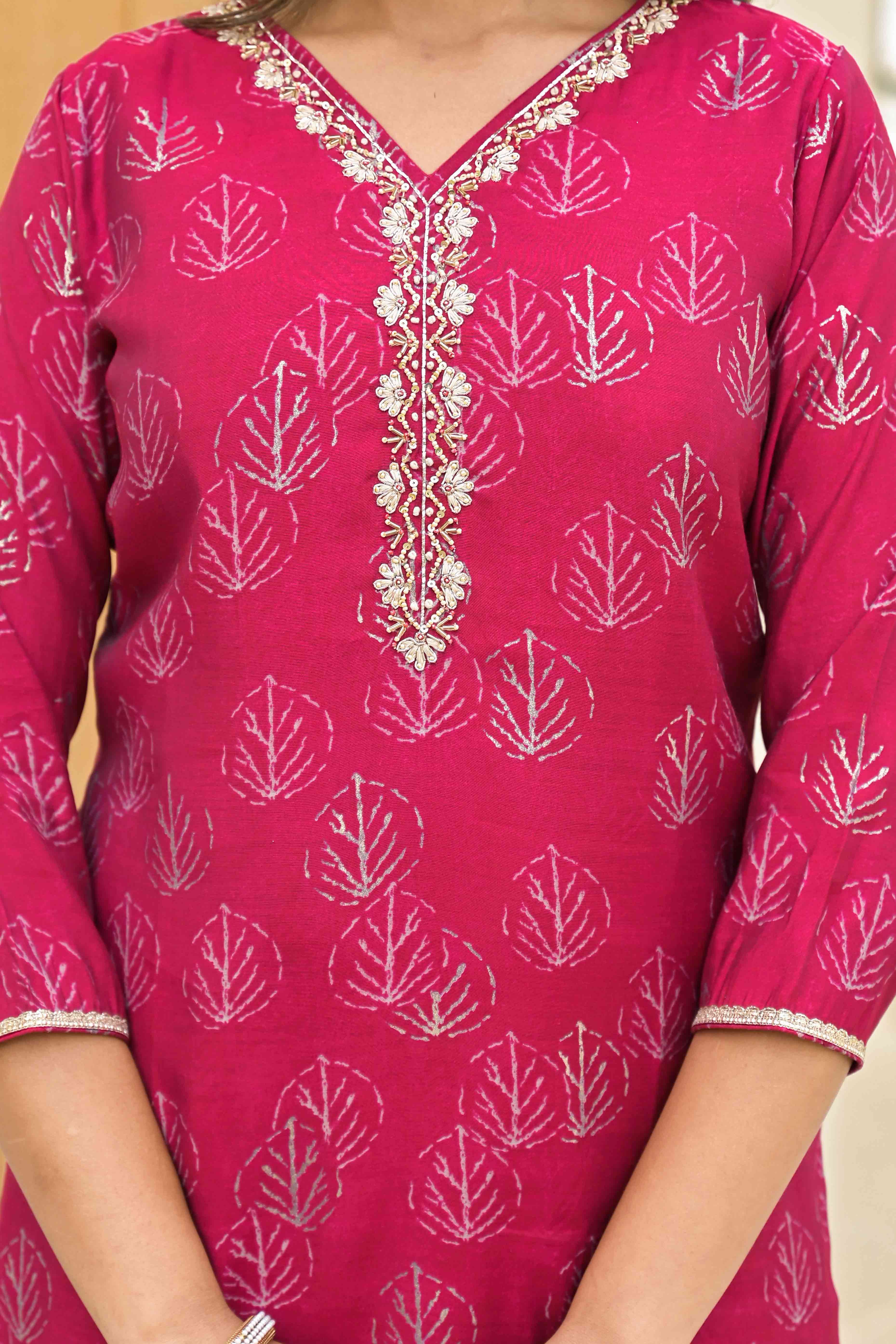 Pink Foil Printed Chanderi Straight Salwar Suit