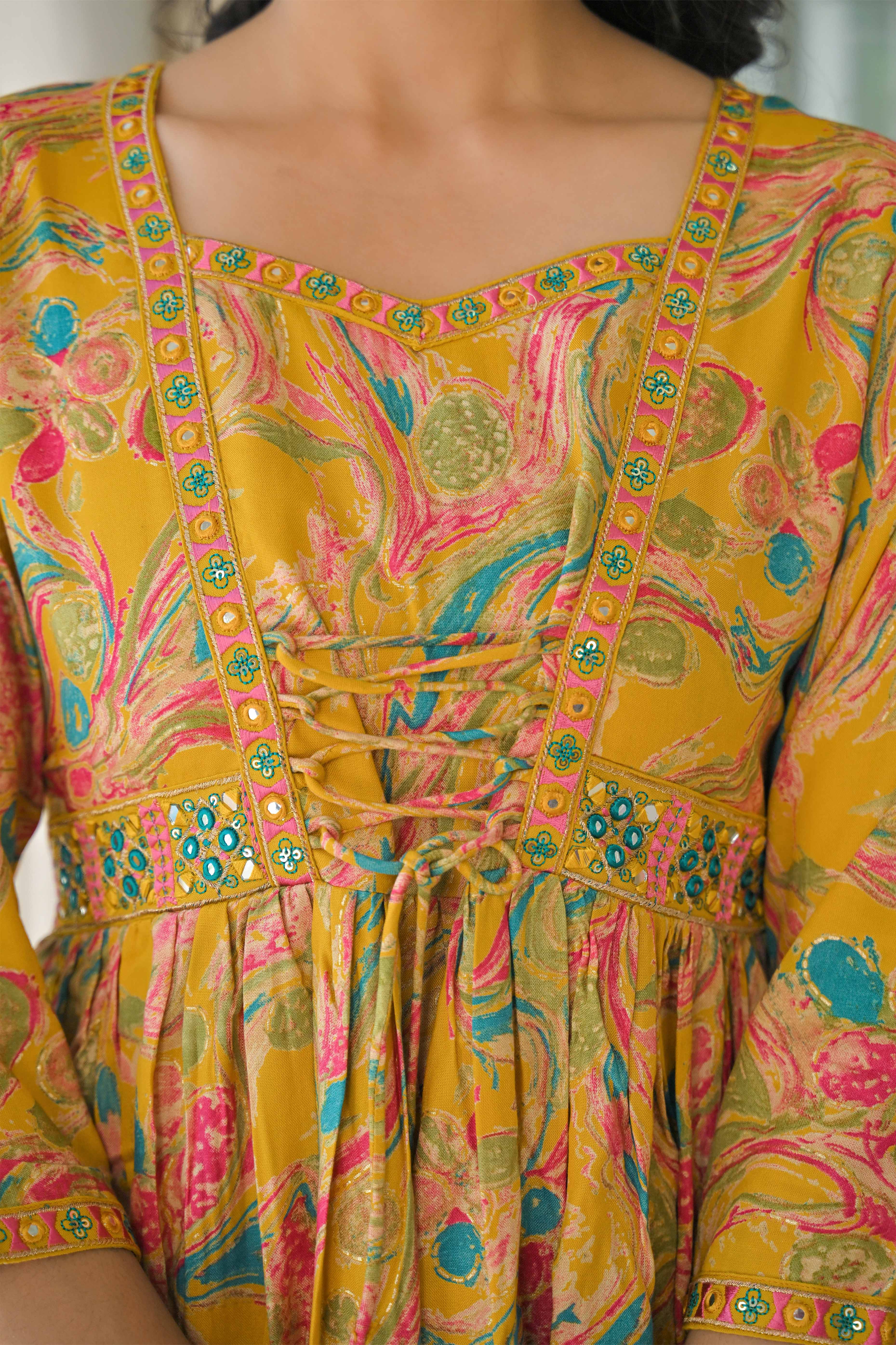 Mustard Floral Printed Rayon A-Line Salwar Suit