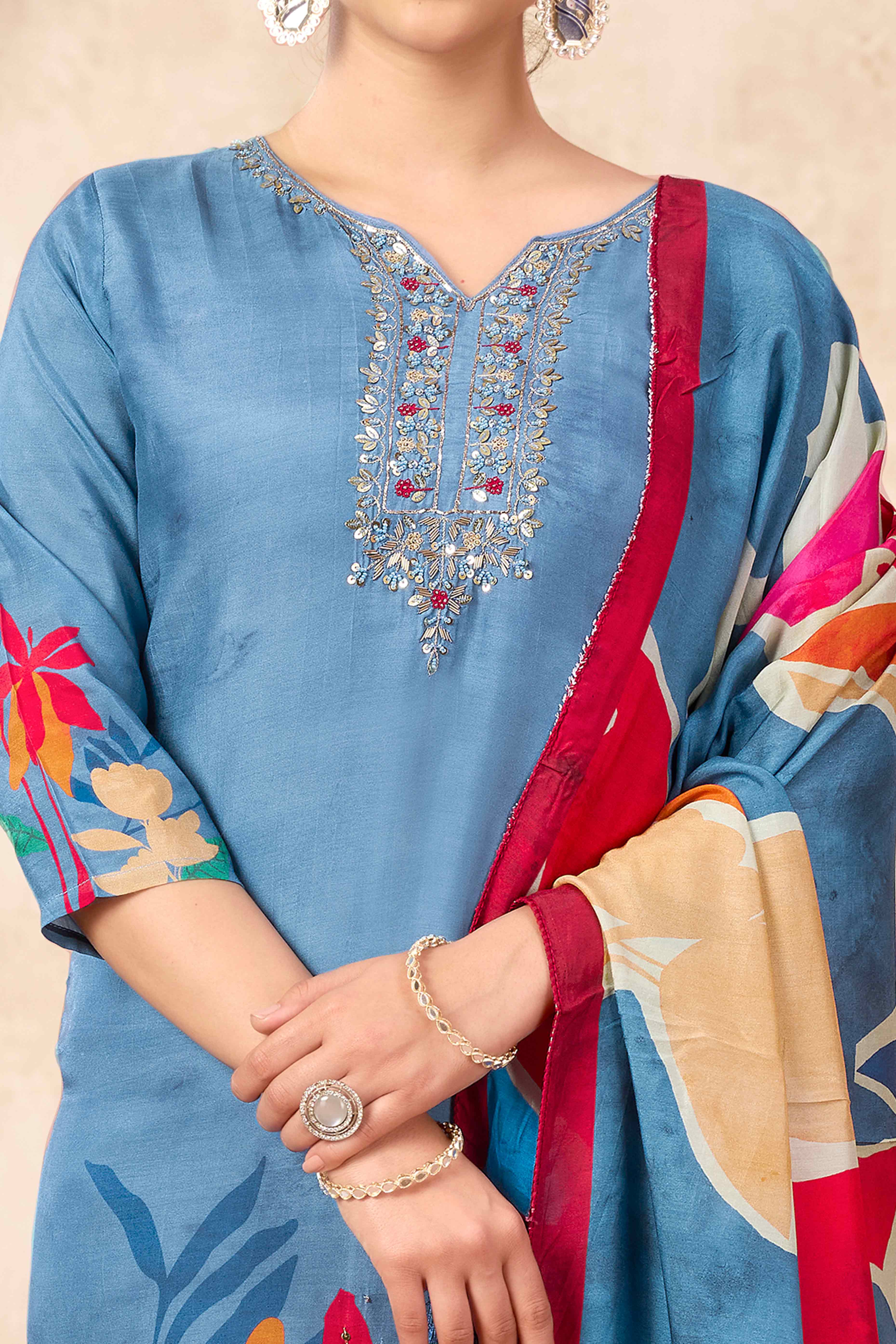 Blue Floral Hand Embroidery With Printed Muslin Straight Salwar Suit