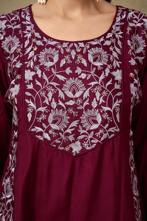 Maroon Silk Blend Anarkali Suit With Floral Sequins Embroidery