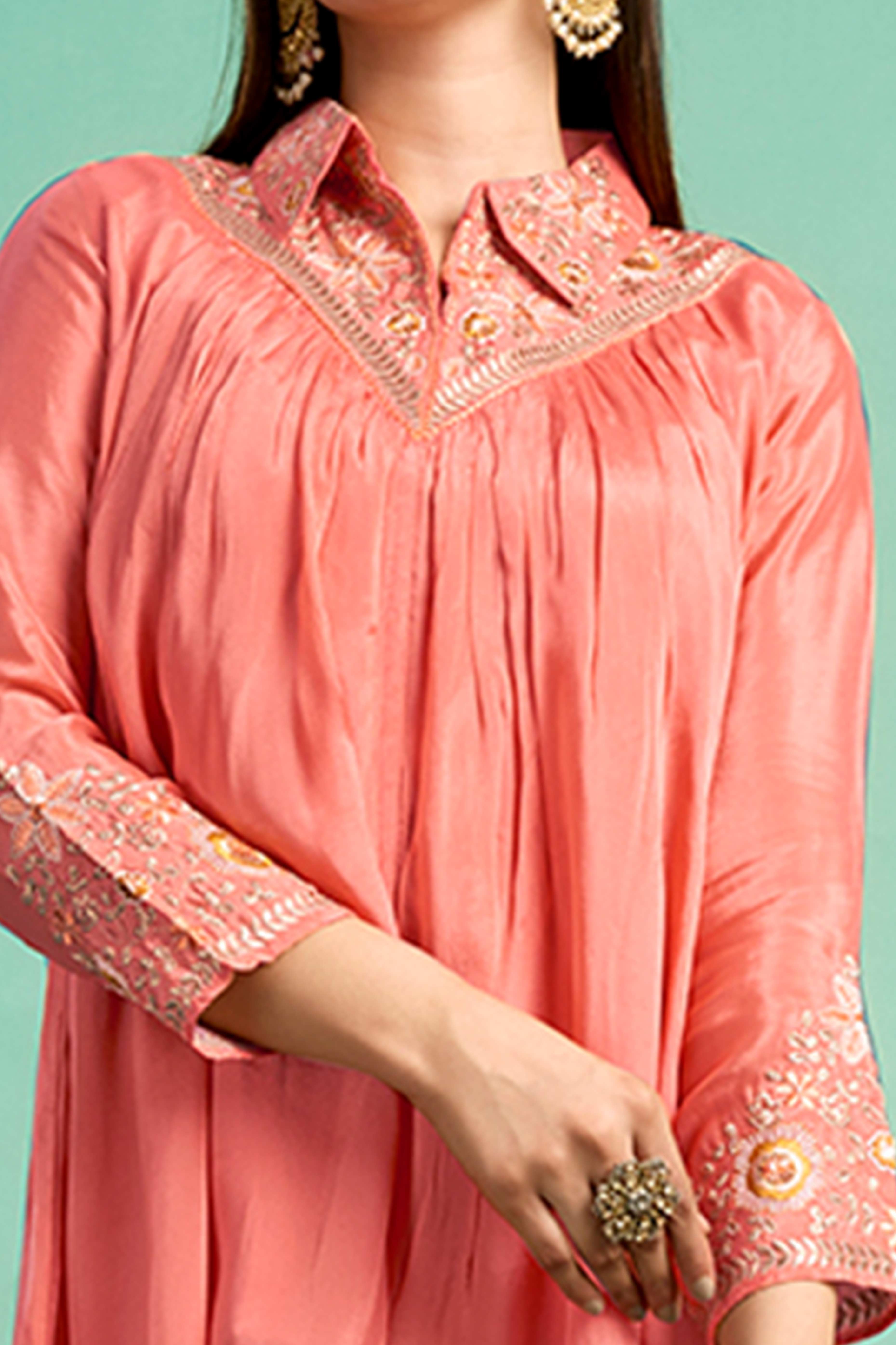 Peach Embroidered Chinon A-Line Co-Ord Set