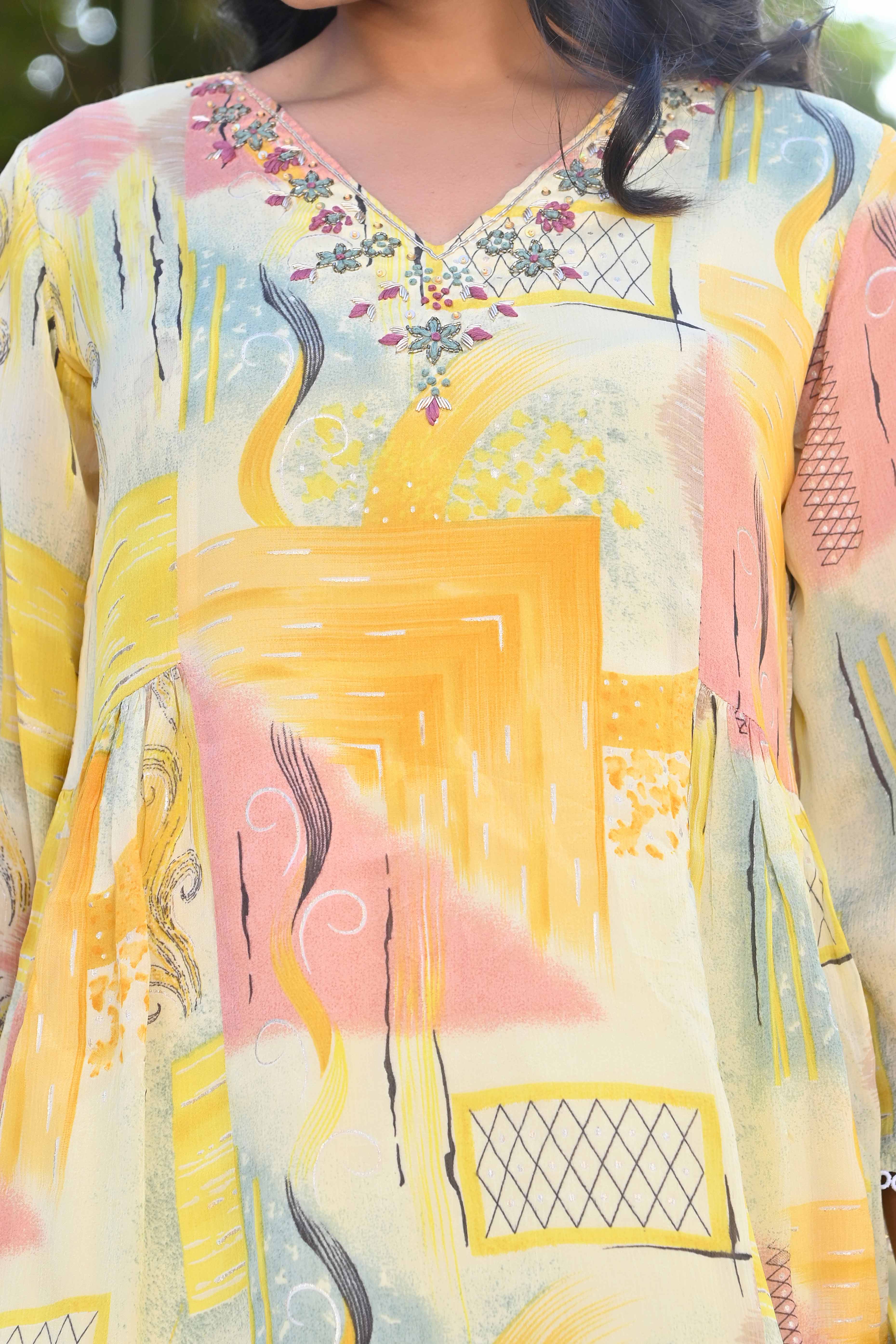 Cream & Yellow Printed With Embroidered Pure Chinon A-Line Co-Ord Set