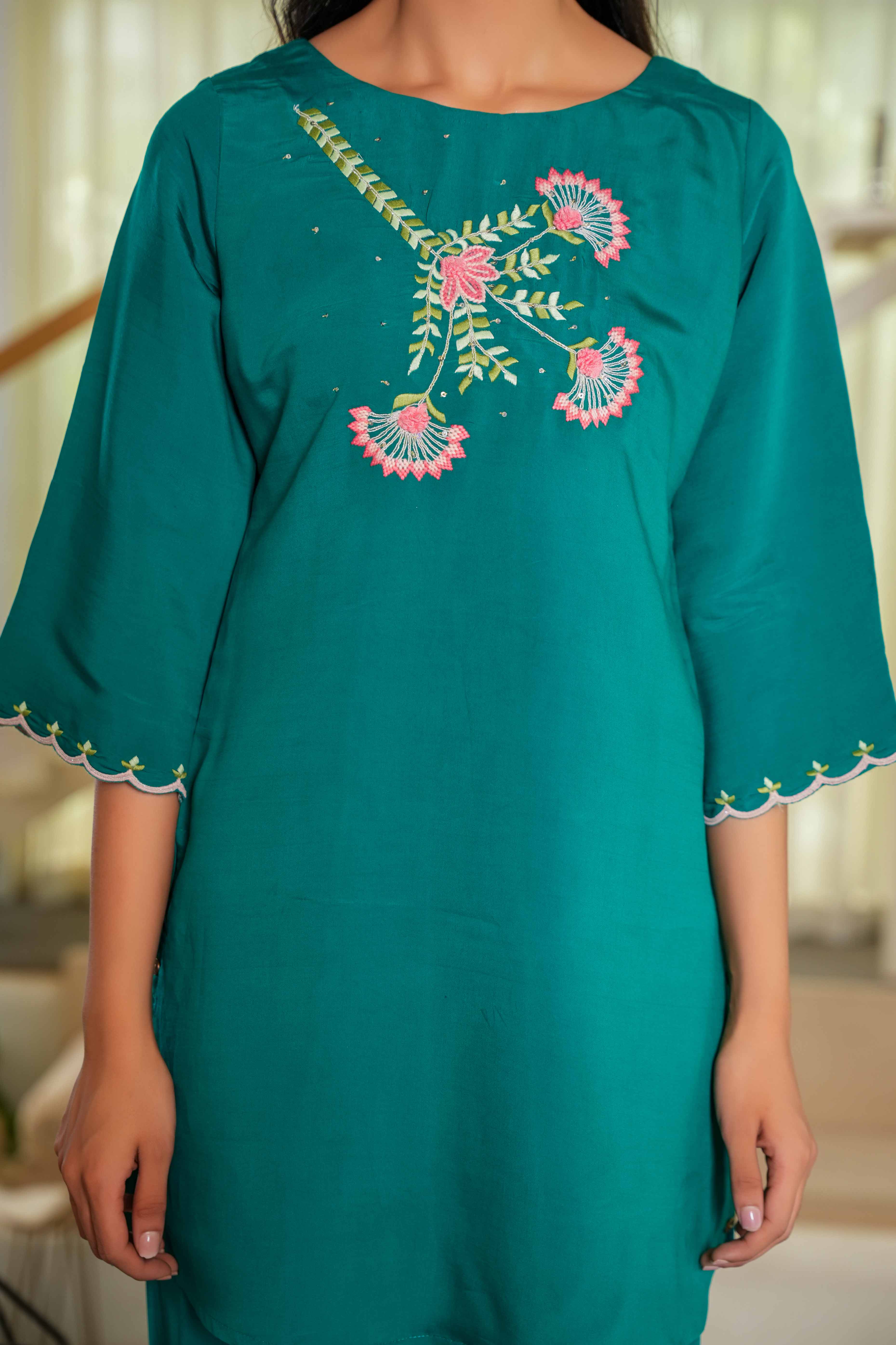 Refreshing Dark Sea Green Chinon Straight Co-Ord Set Adorned With Floral Sequins Embroidery