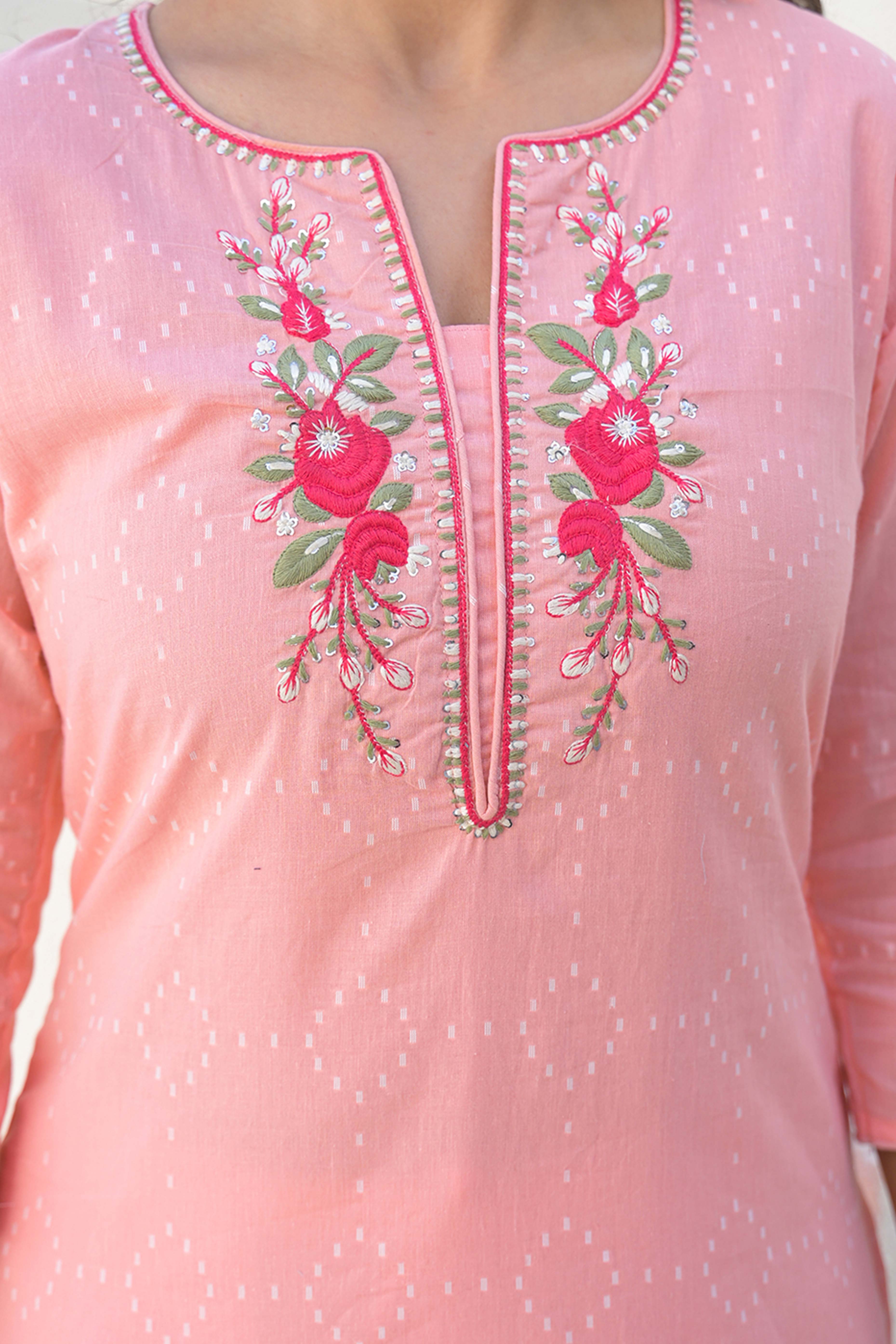 Peach Cotton Straight Kurti with Delicate Neck Embroidery