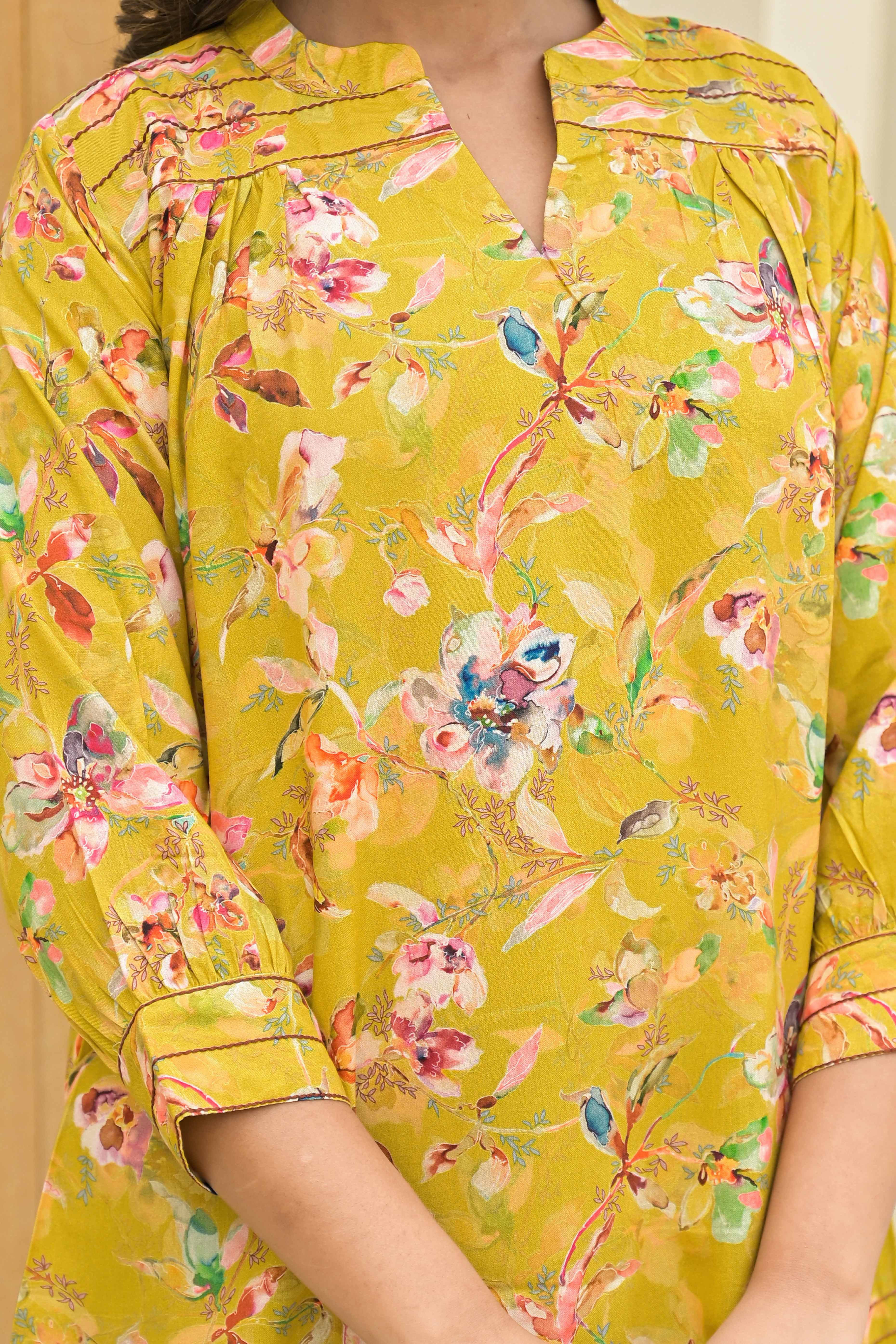 Lime Yellow Floral Printed Muslin Straight Top