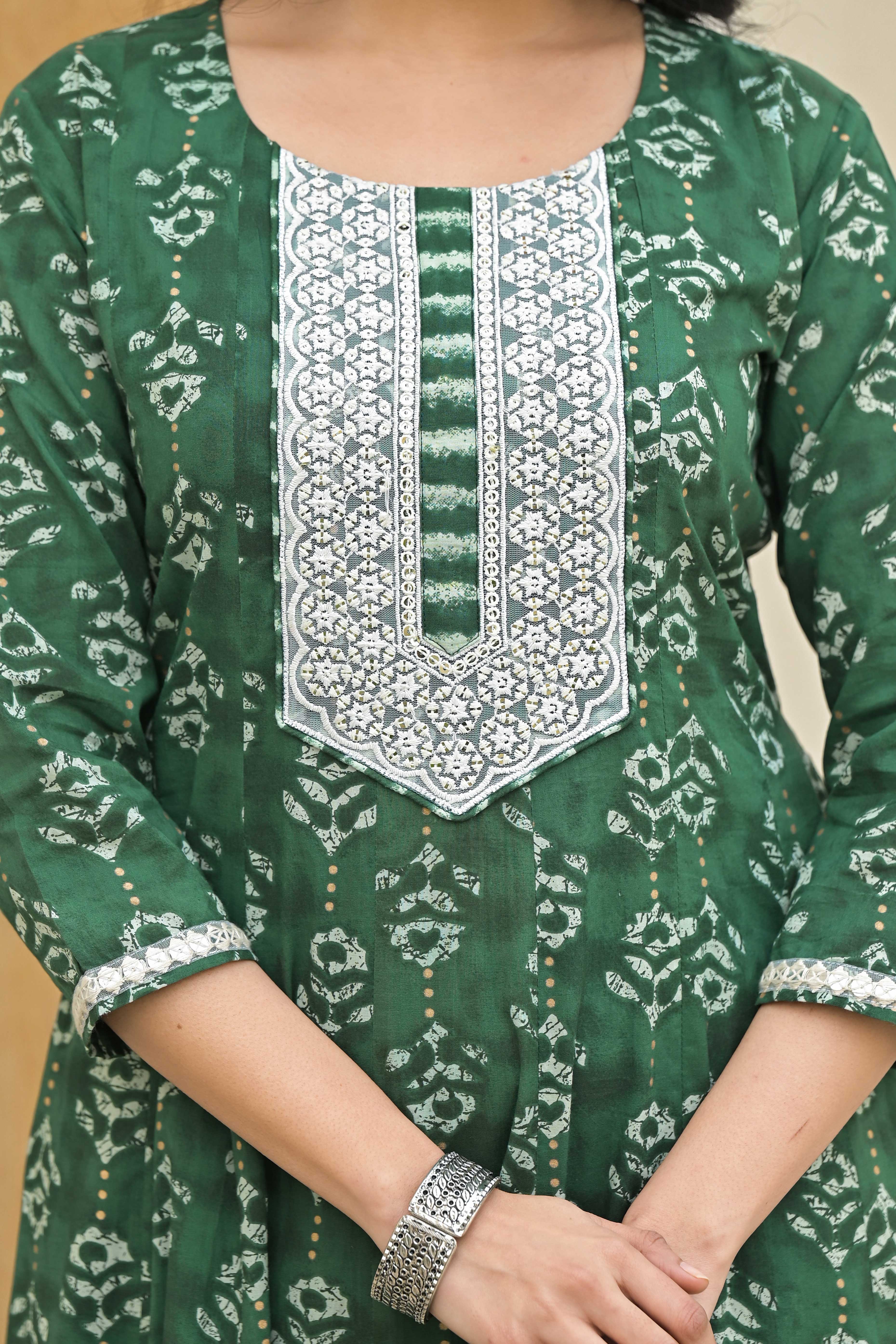 Green Floral Printed Pure Cotton Anarkali Salwar Suit