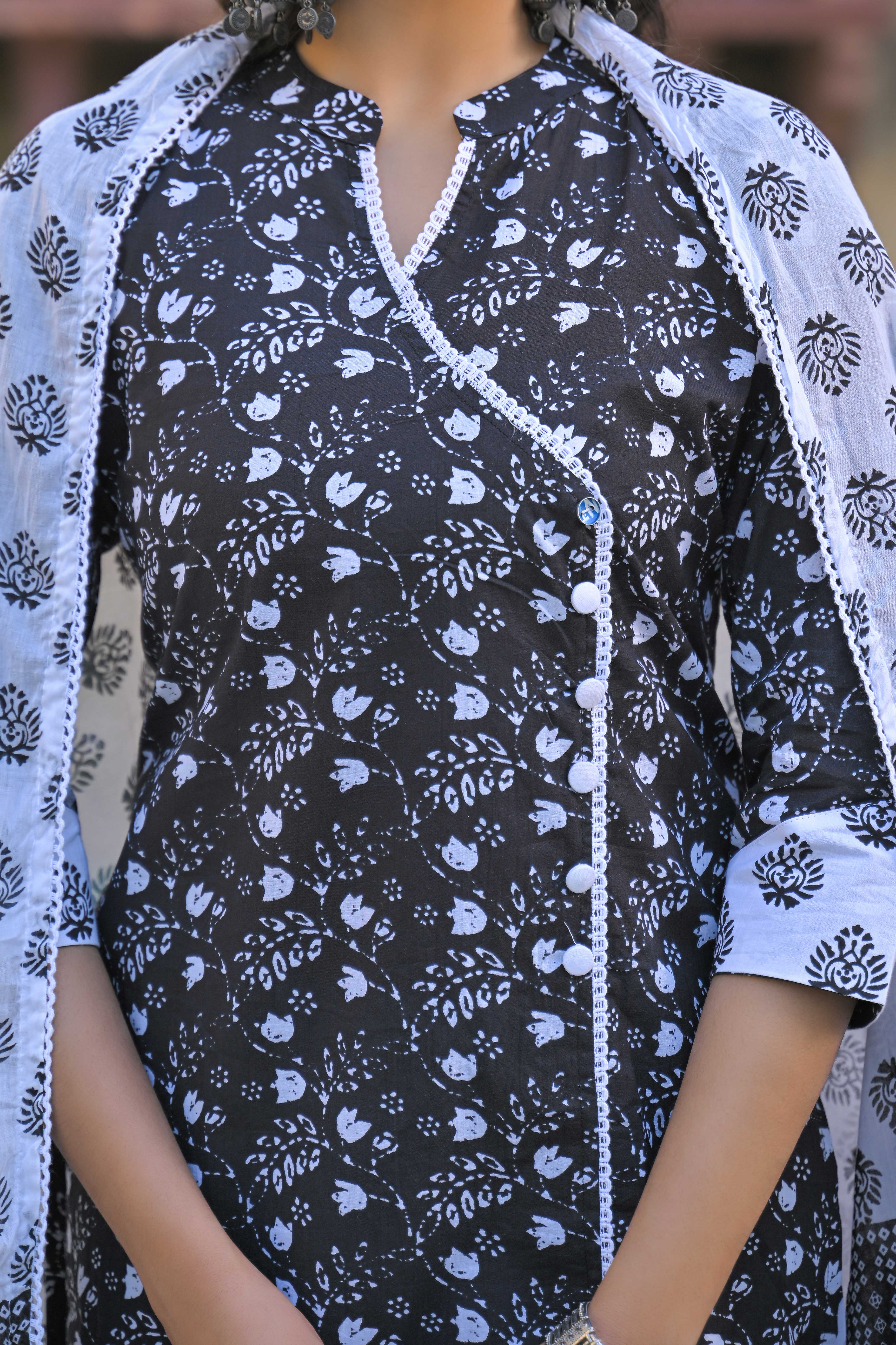Black Floral Printed Pure Cotton Angrakha Salwar Suit