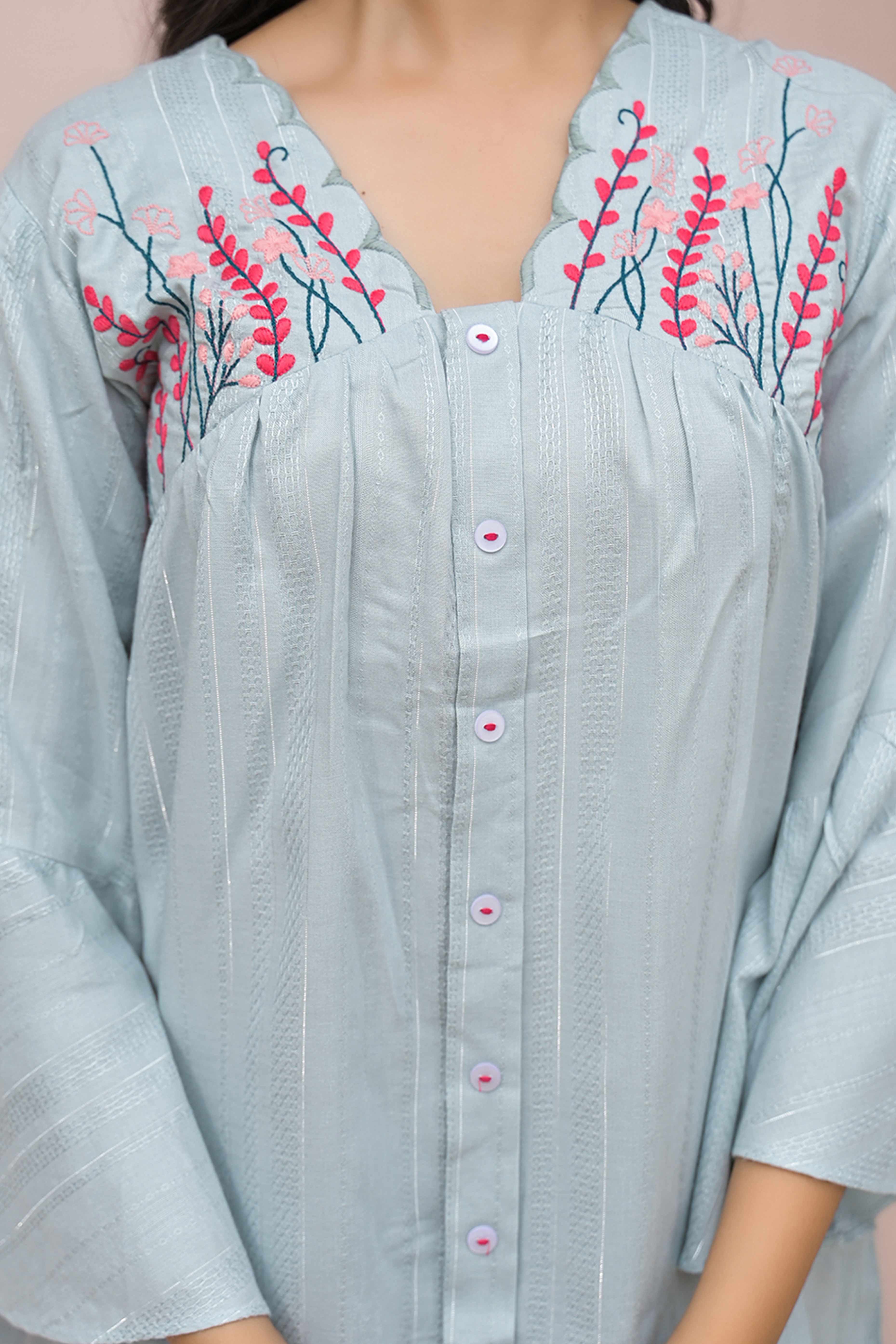 Elegant Light Sky Blue A-Line Cotton Top with Delicate Floral Work