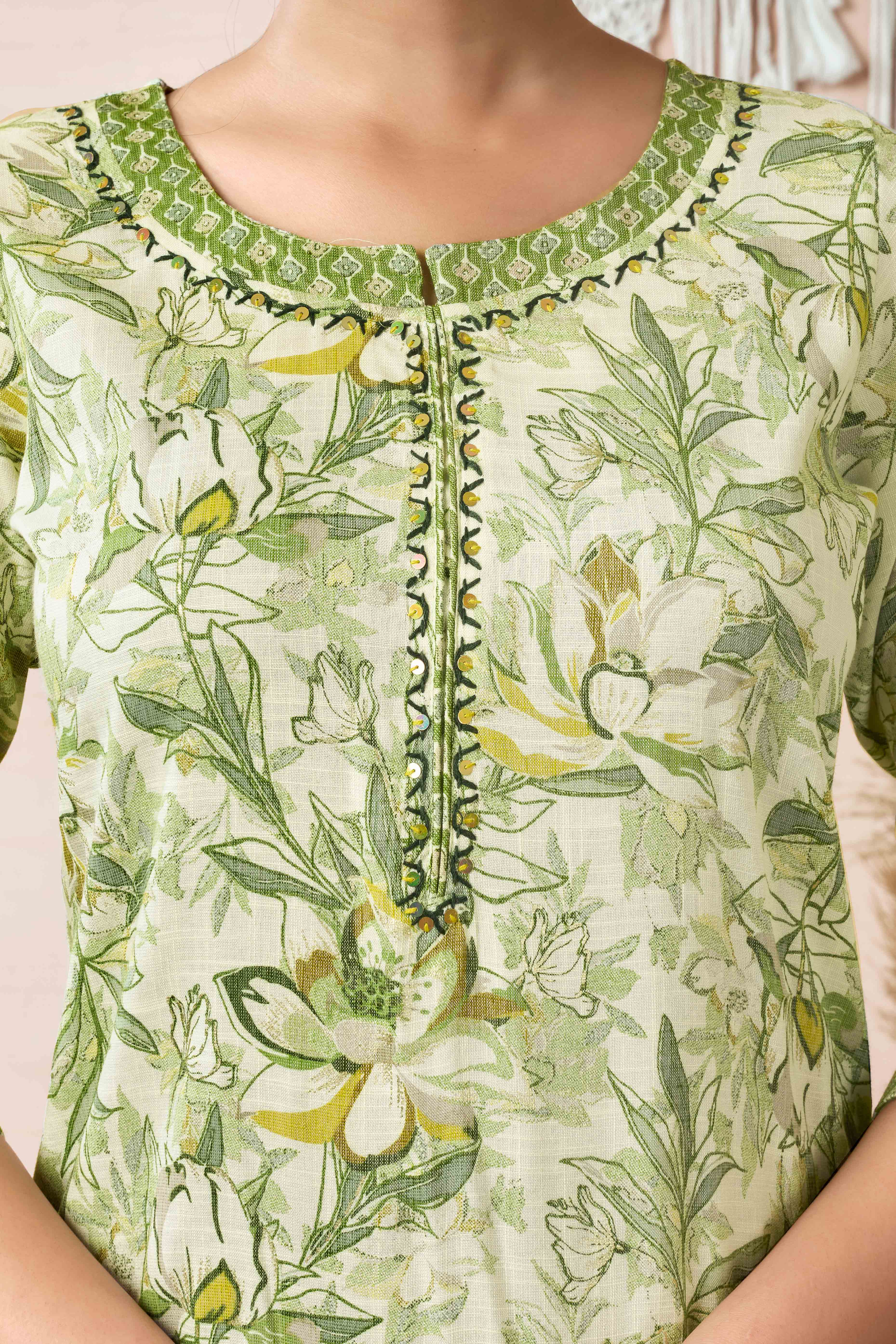 Off White Floral Foil Printed With Sequins Work Rayon Salwar Suit