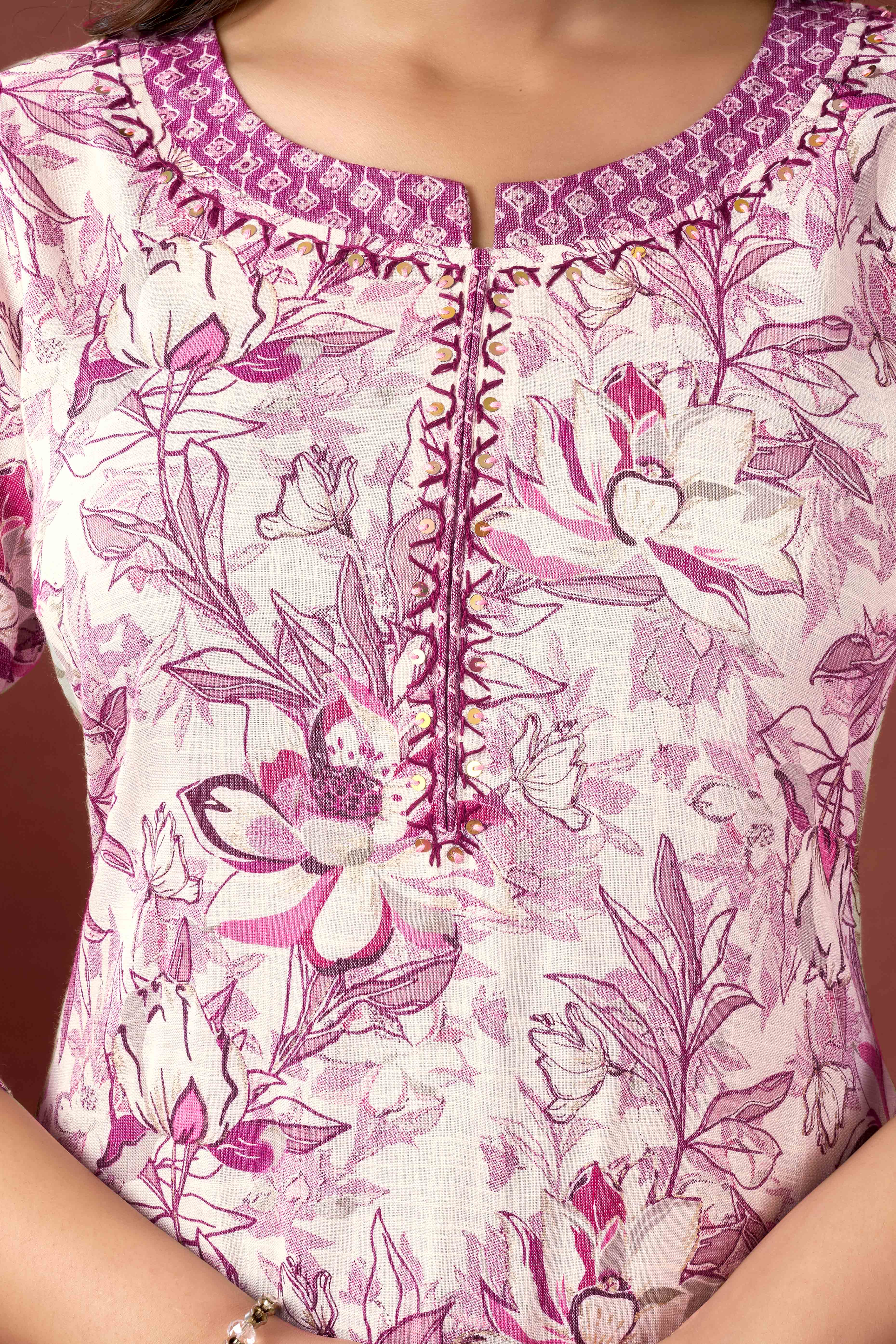 Off White & Wine Floral Foil Printed With Sequins Work Rayon Salwar Suit