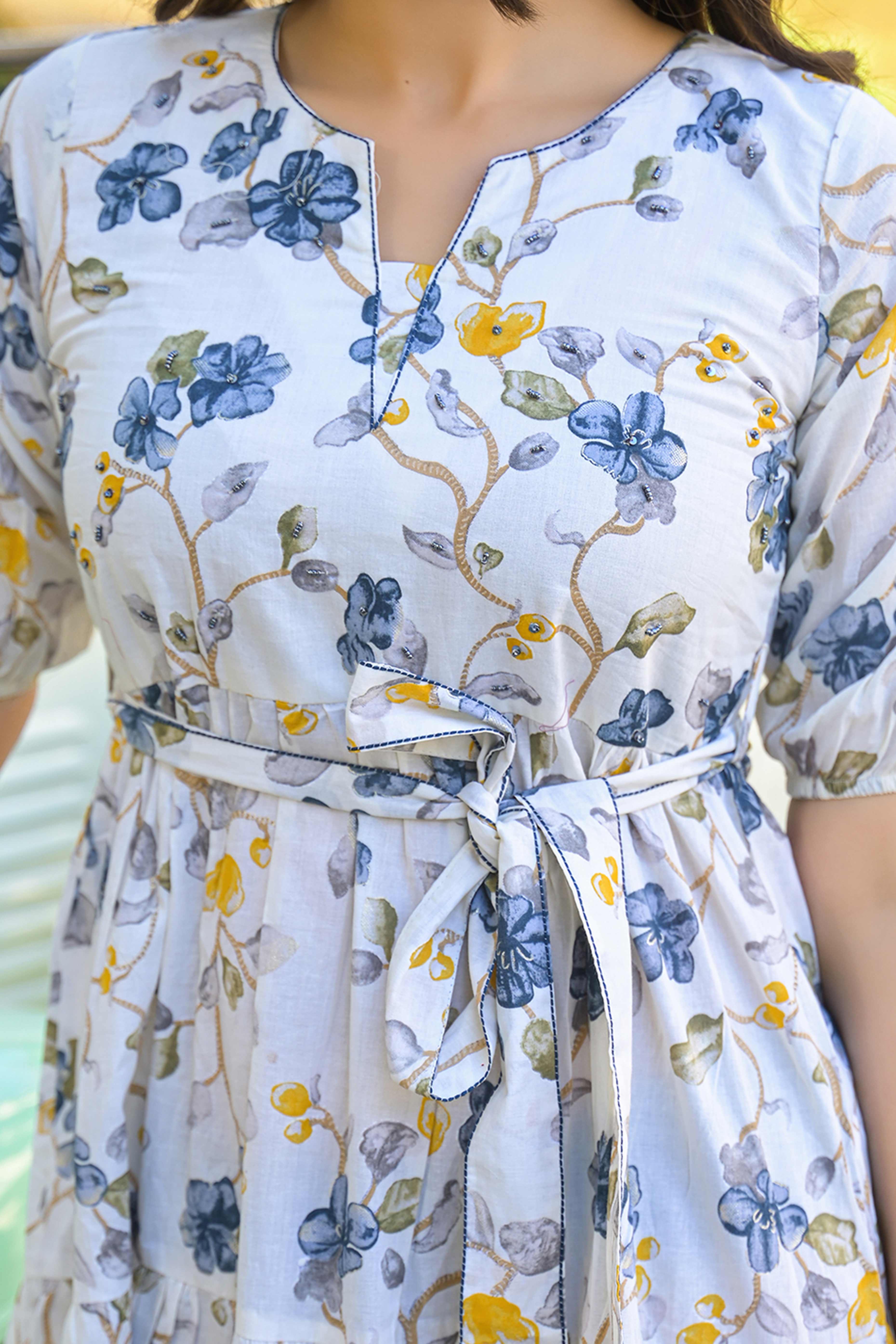 Grey Floral Printed Pure Cotton Maxi Dress