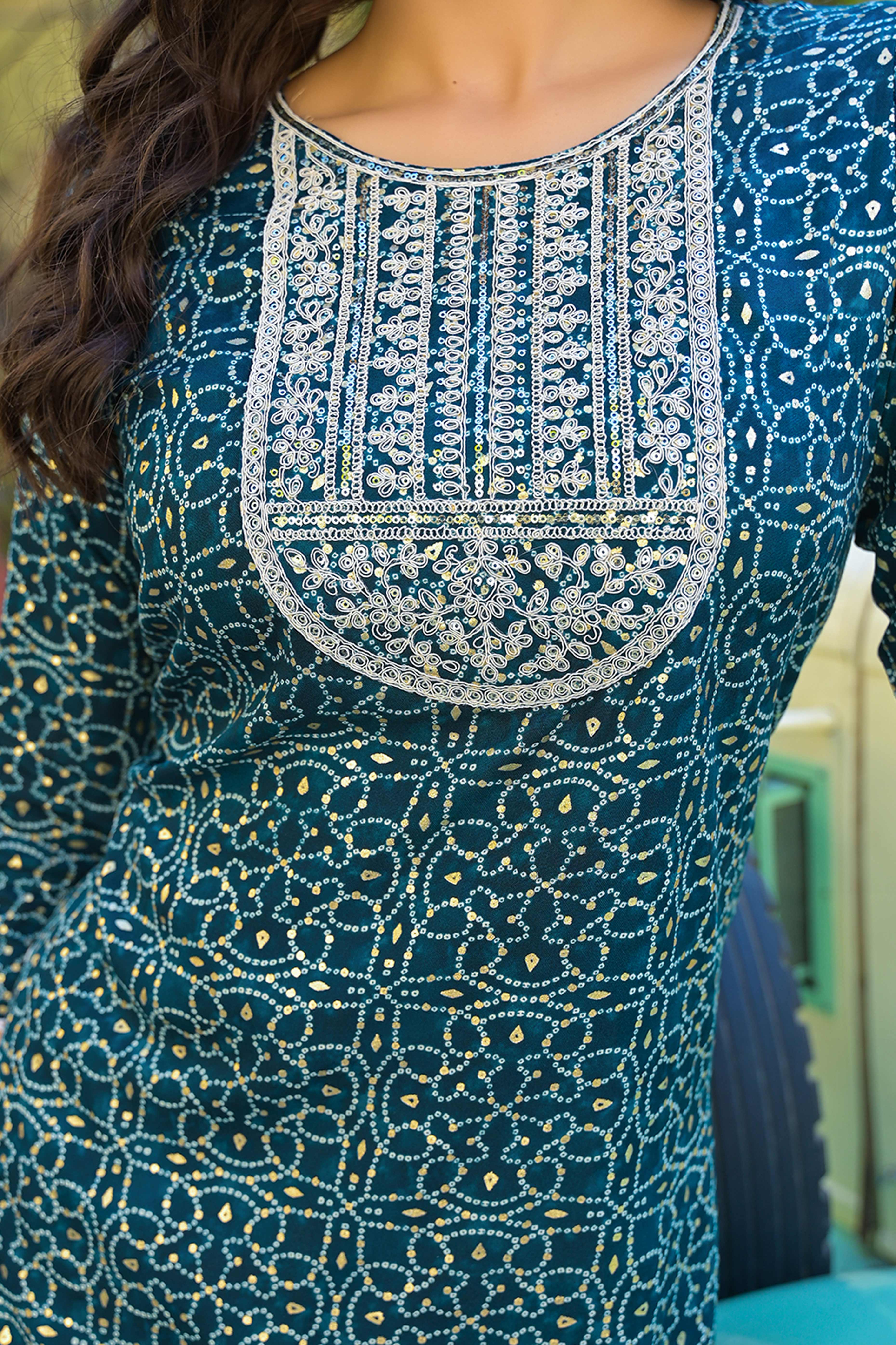 Bottle Green Bandhani Printed Thread Work Rayon Straight Kurti