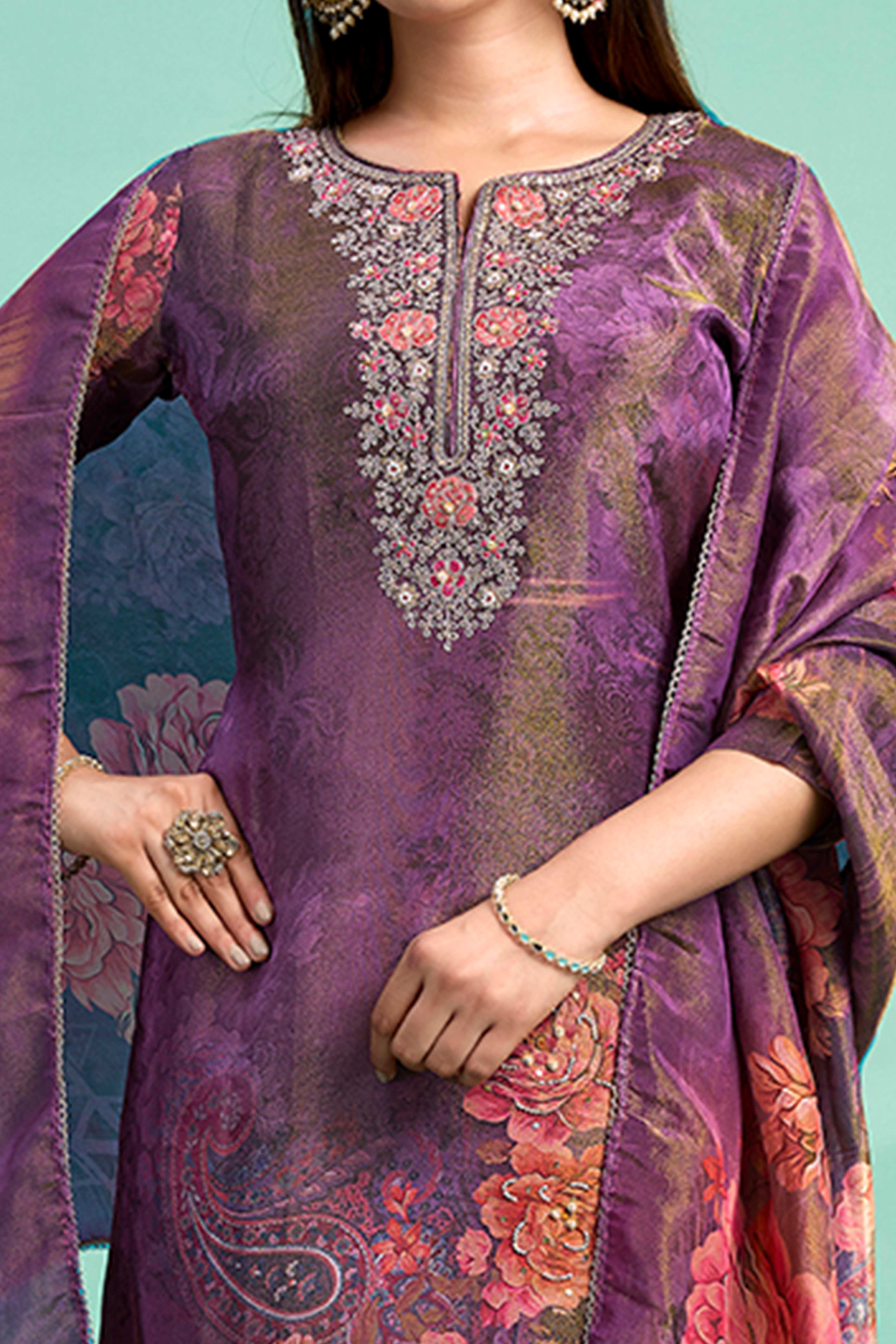 Purple Bandhani Printed With Embroidery Work Pure Viscose Salwar Suit