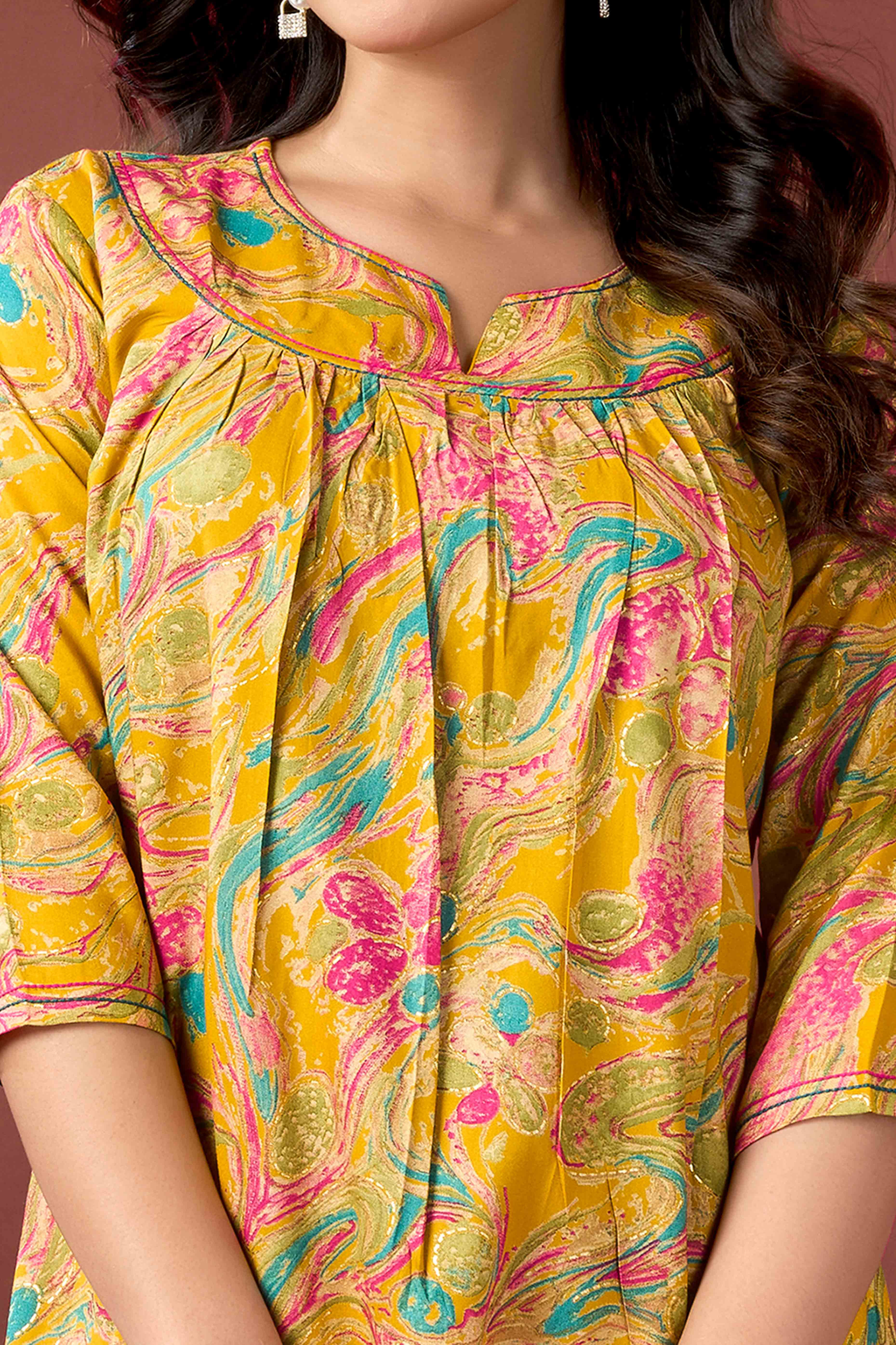 Mustard Abstract Printed Rayon Tunic Top