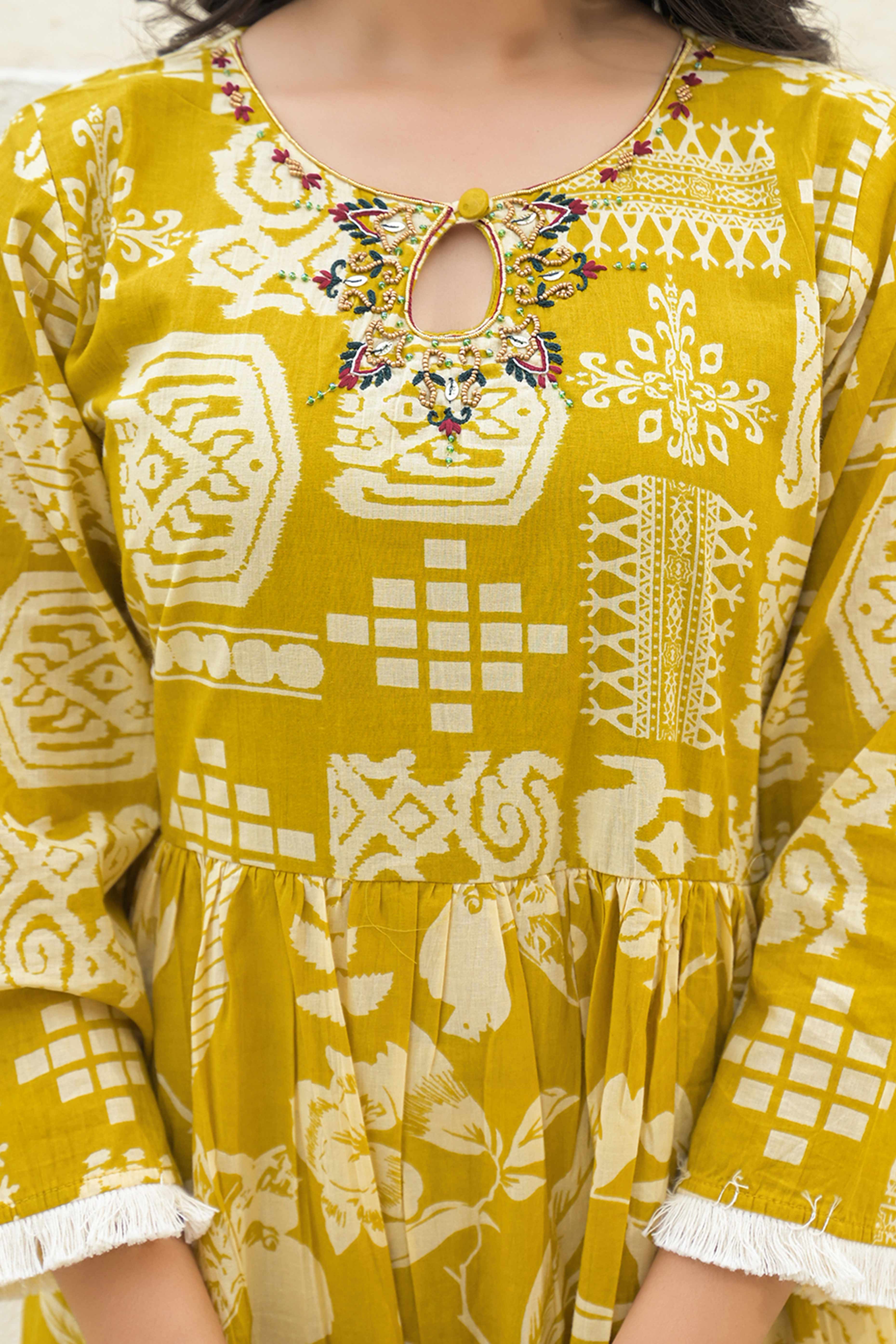 Traditional Printed Mustard Anarkali Salwar Suit with Delicate Embroidery in Cotton Fabric