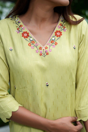 Light Green A-Line Top and Bottom Set in Dobby Rayon with Intricate Floral Embroidery