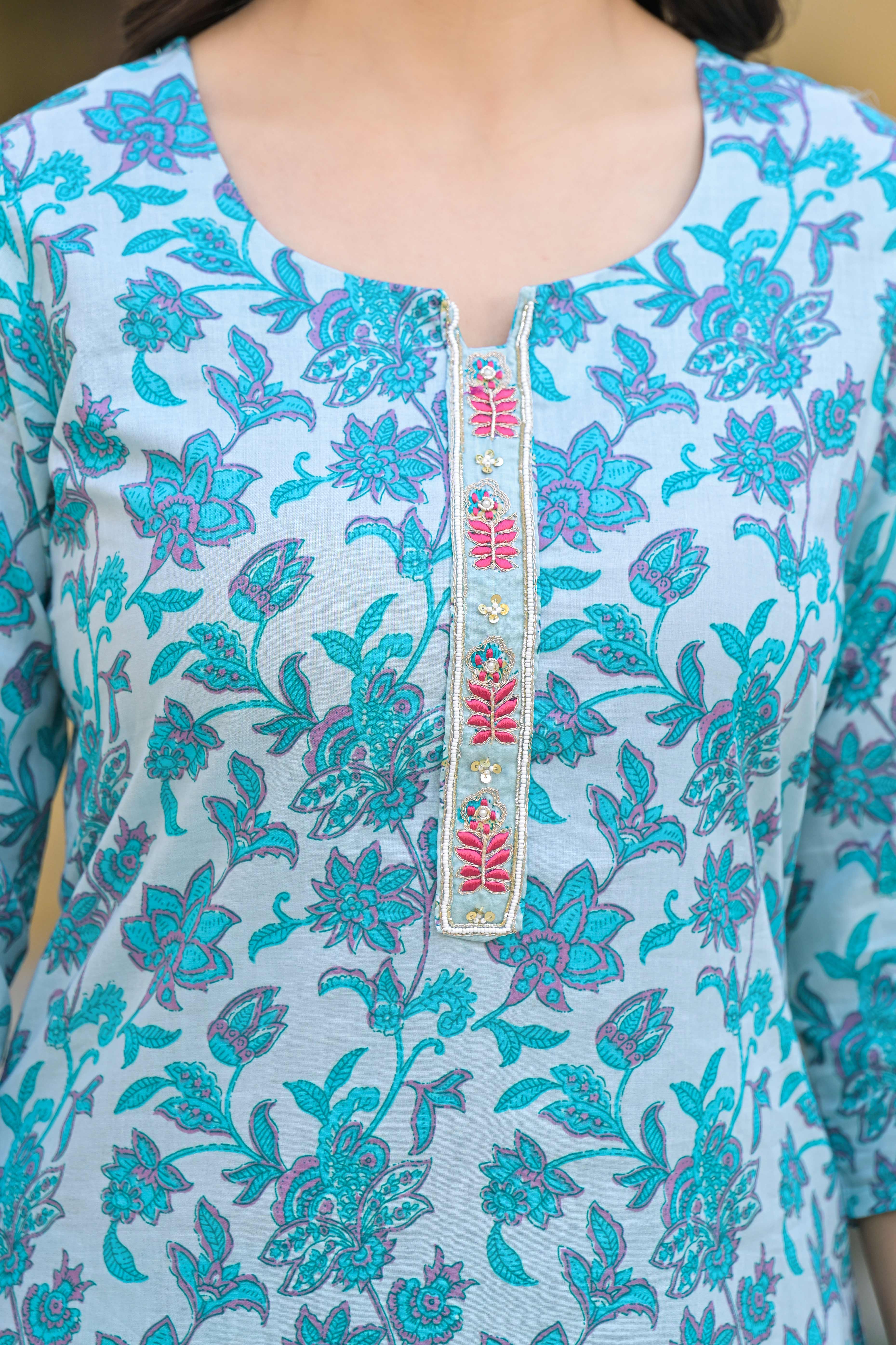 Turquoise Floral Printed Pure Cotton Straight Salwar Suit