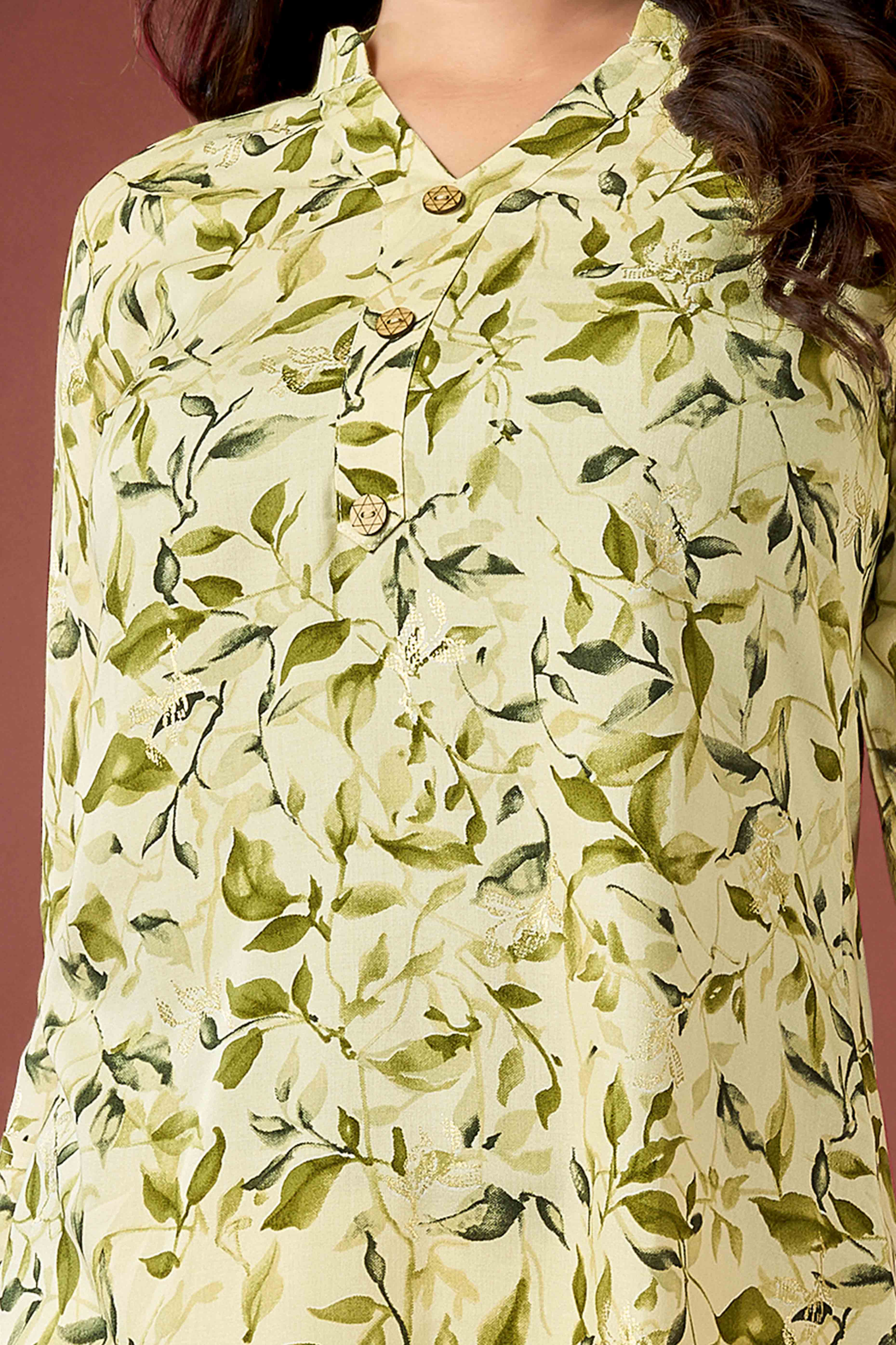 Cream & Olive Floral Printed Rayon Top