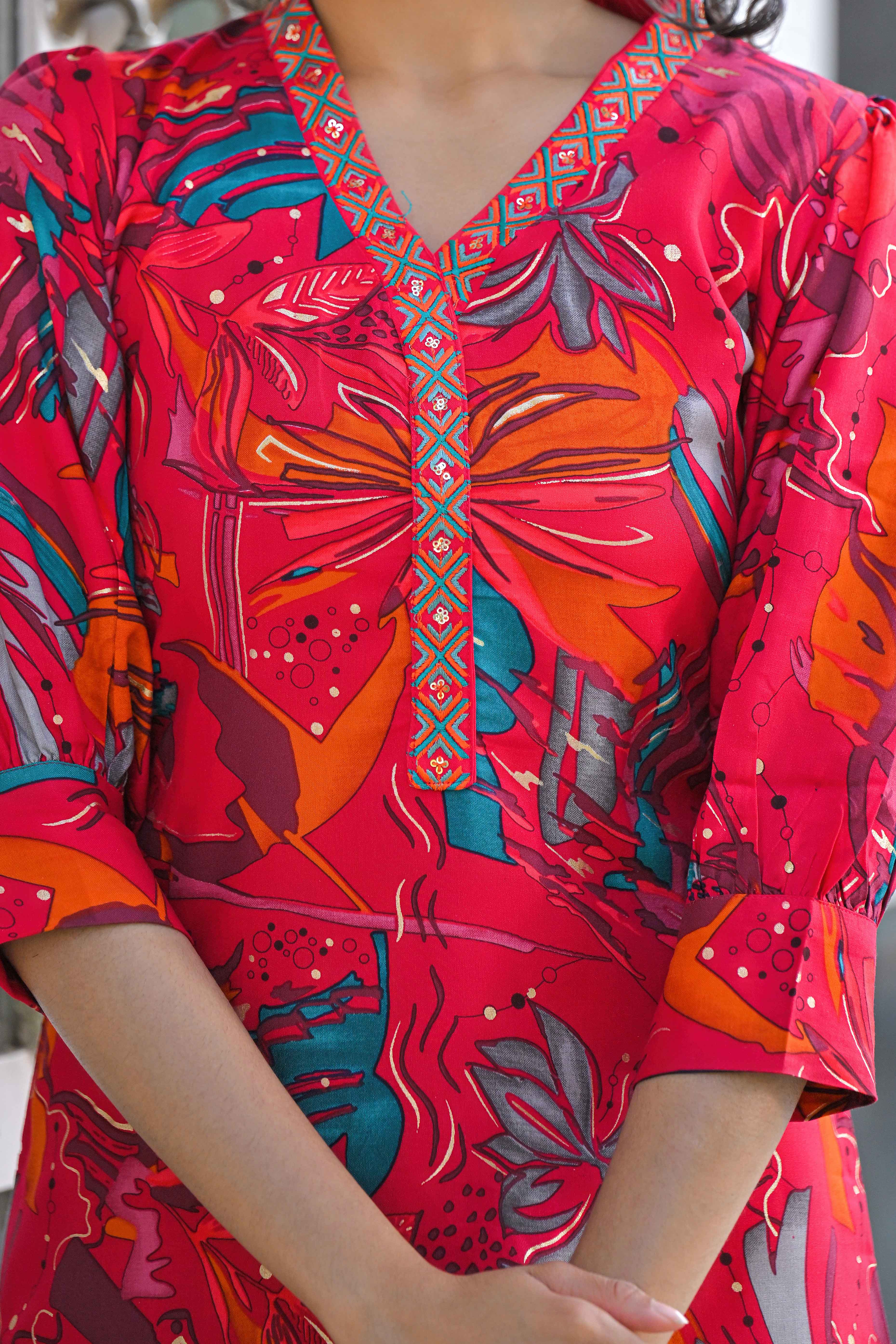 Pink Floral Printed Rayon A-Line Co-Ord Set