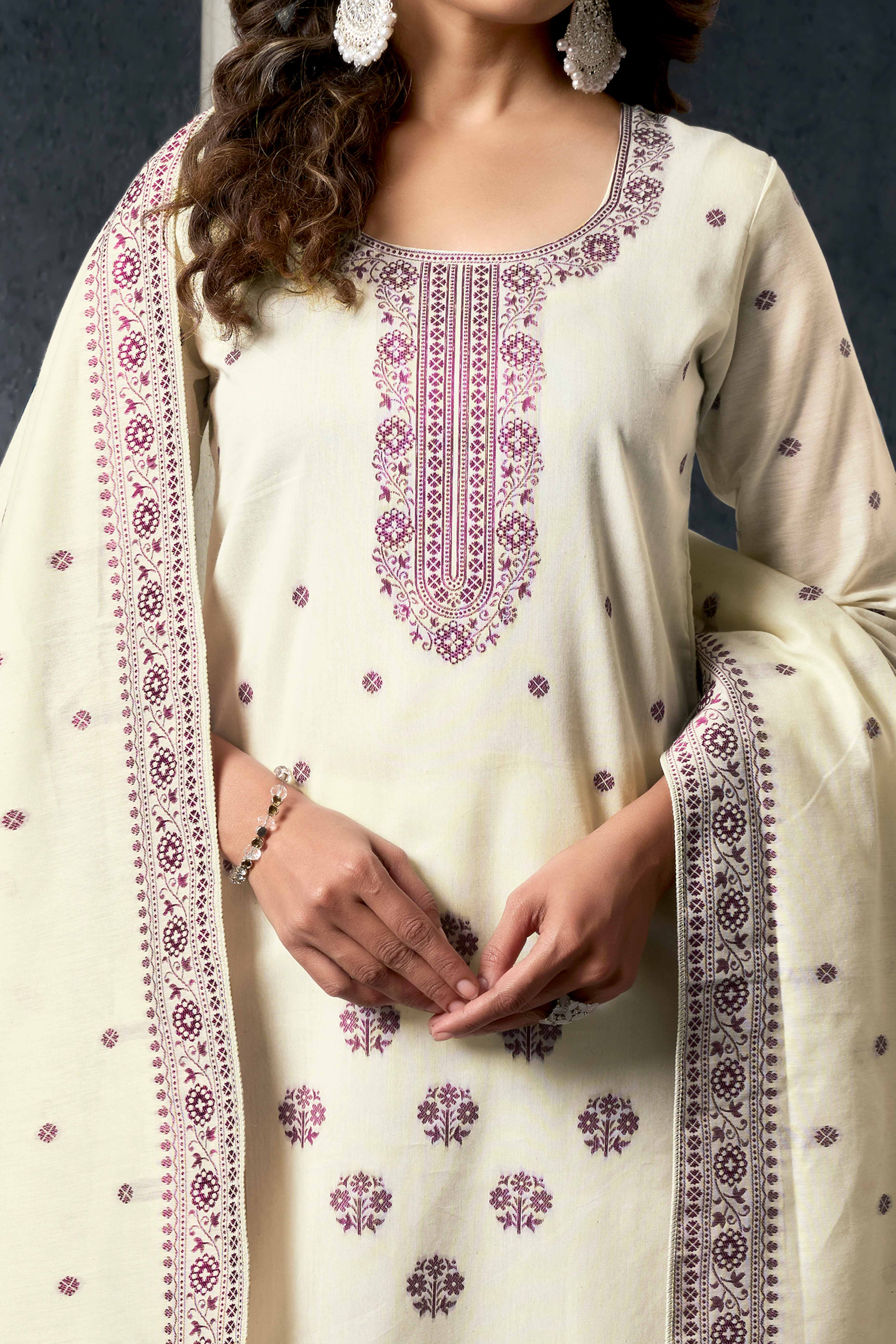 Off White & Wine Jacquard Weaving Pure Cotton Straight Salwar Suit