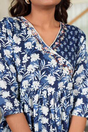 Dark Blue Anarkali Salwar Suit Featuring Floral Prints on Pure Cotton