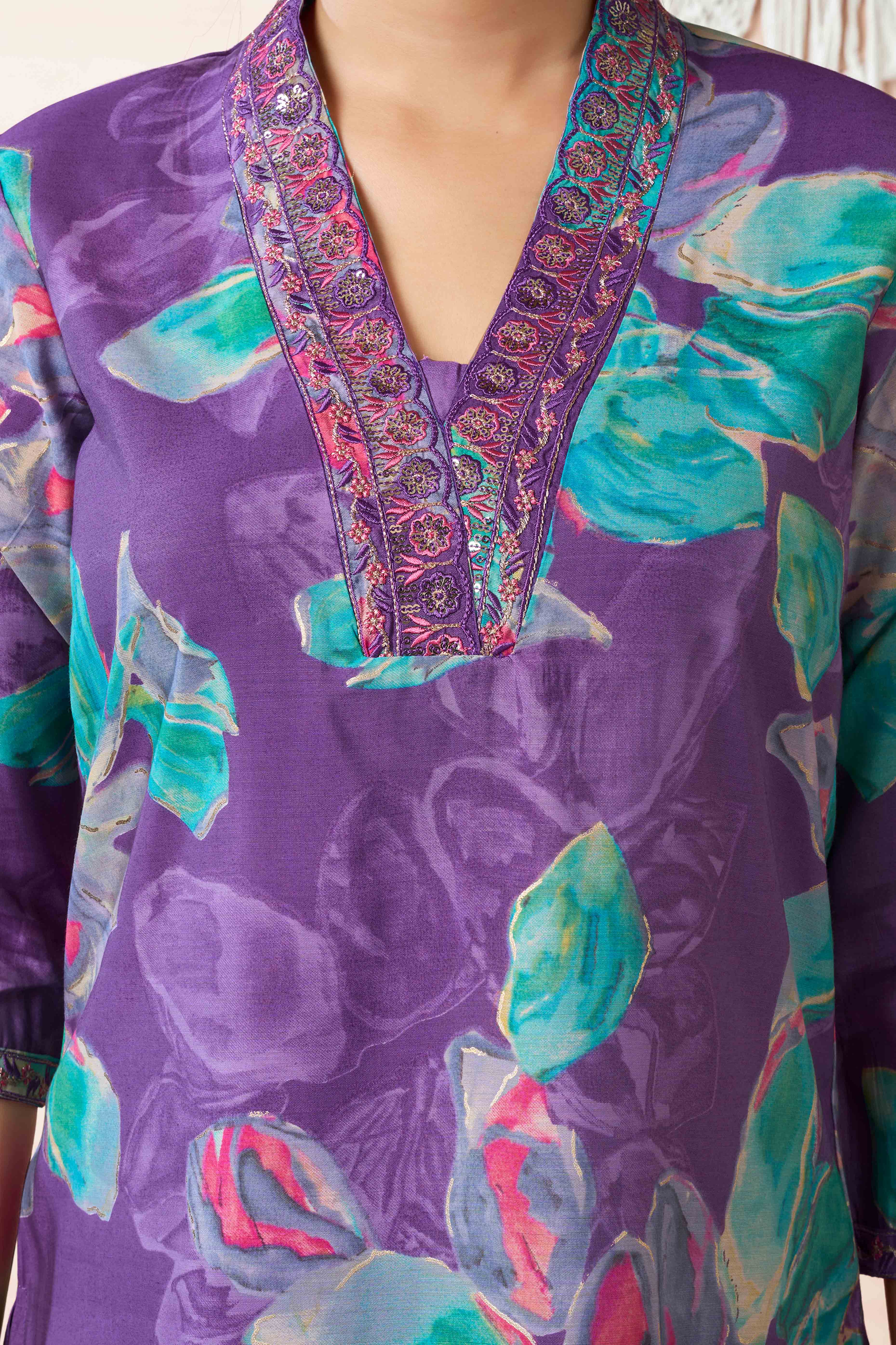 Purple Floral Printed Cotton Silk Straight Salwar Suit