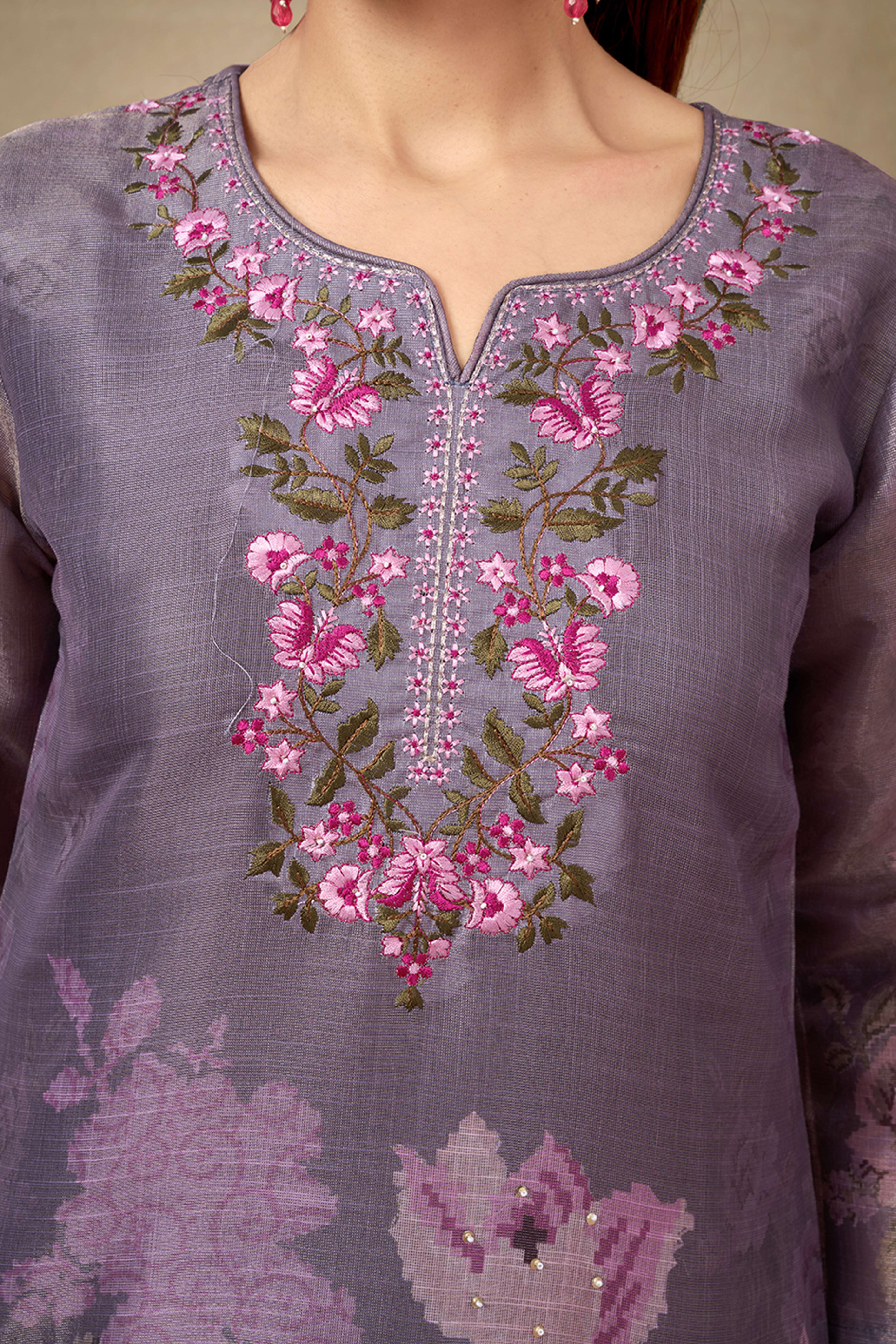 Mauve Floral Printed and Embroidered Straight Suit in Rich Textured Jacquard Fabric
