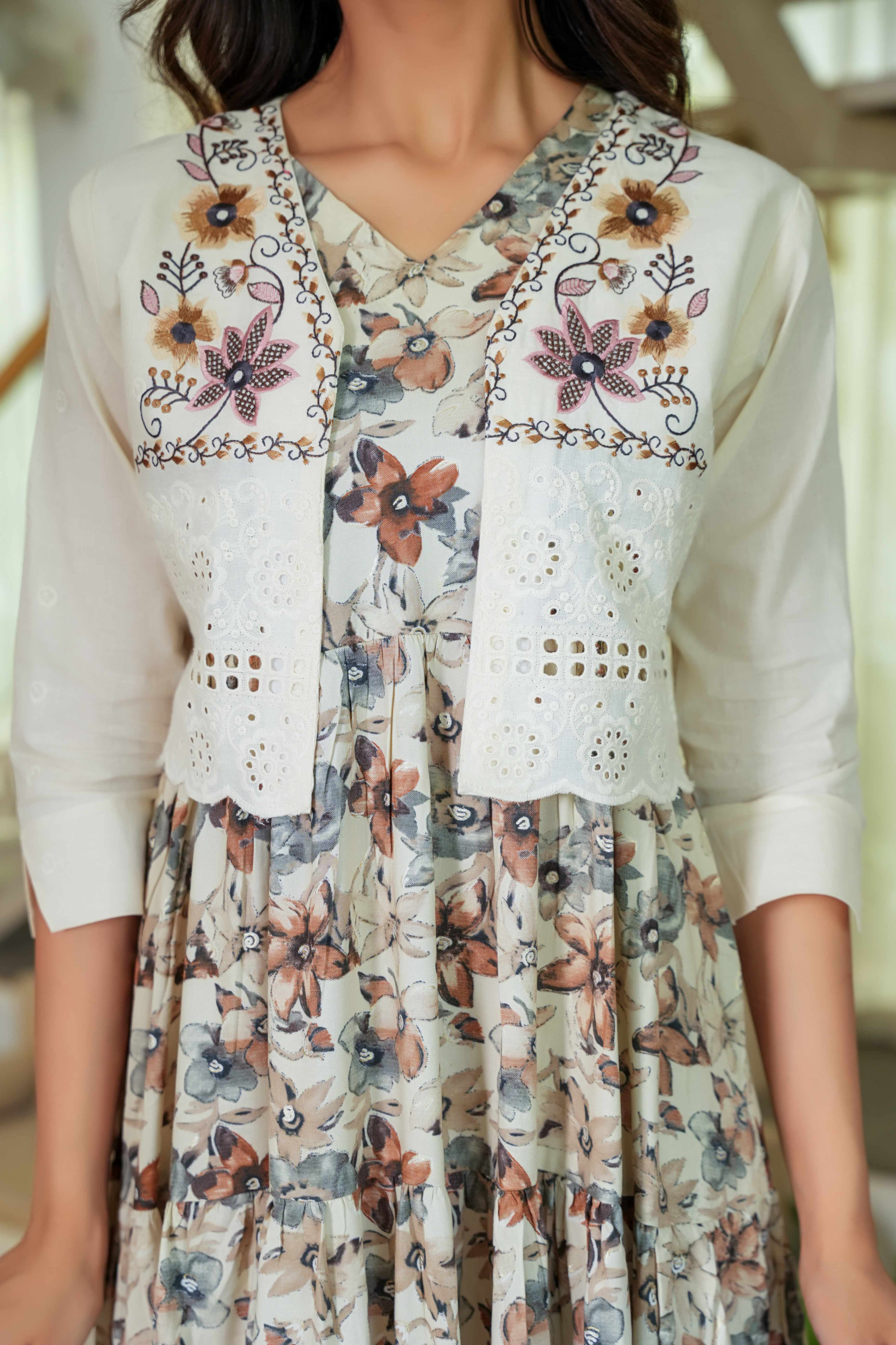 Chikoo Floral Pure Cotton Midi Kurti Dress with Complementing Overlay Jacket