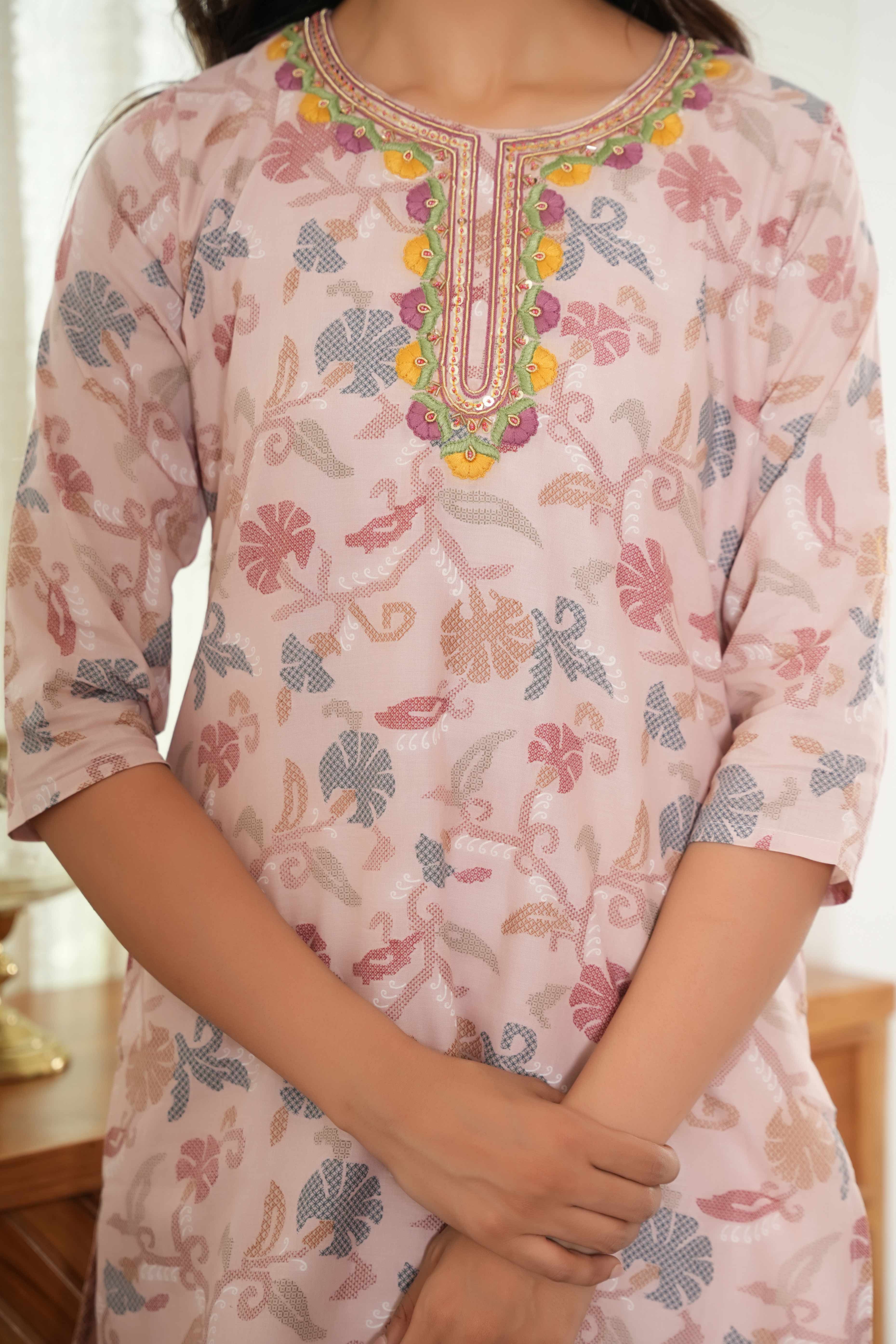 Elegant Baby Pink Floral Printed Pure Cotton Sharara Suit for Festive Charm