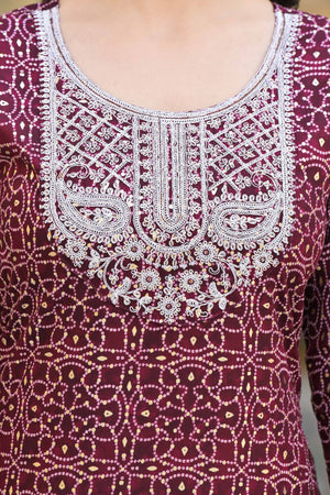 Maroon Bandhani With Embroidered Rayon Straight Kurti
