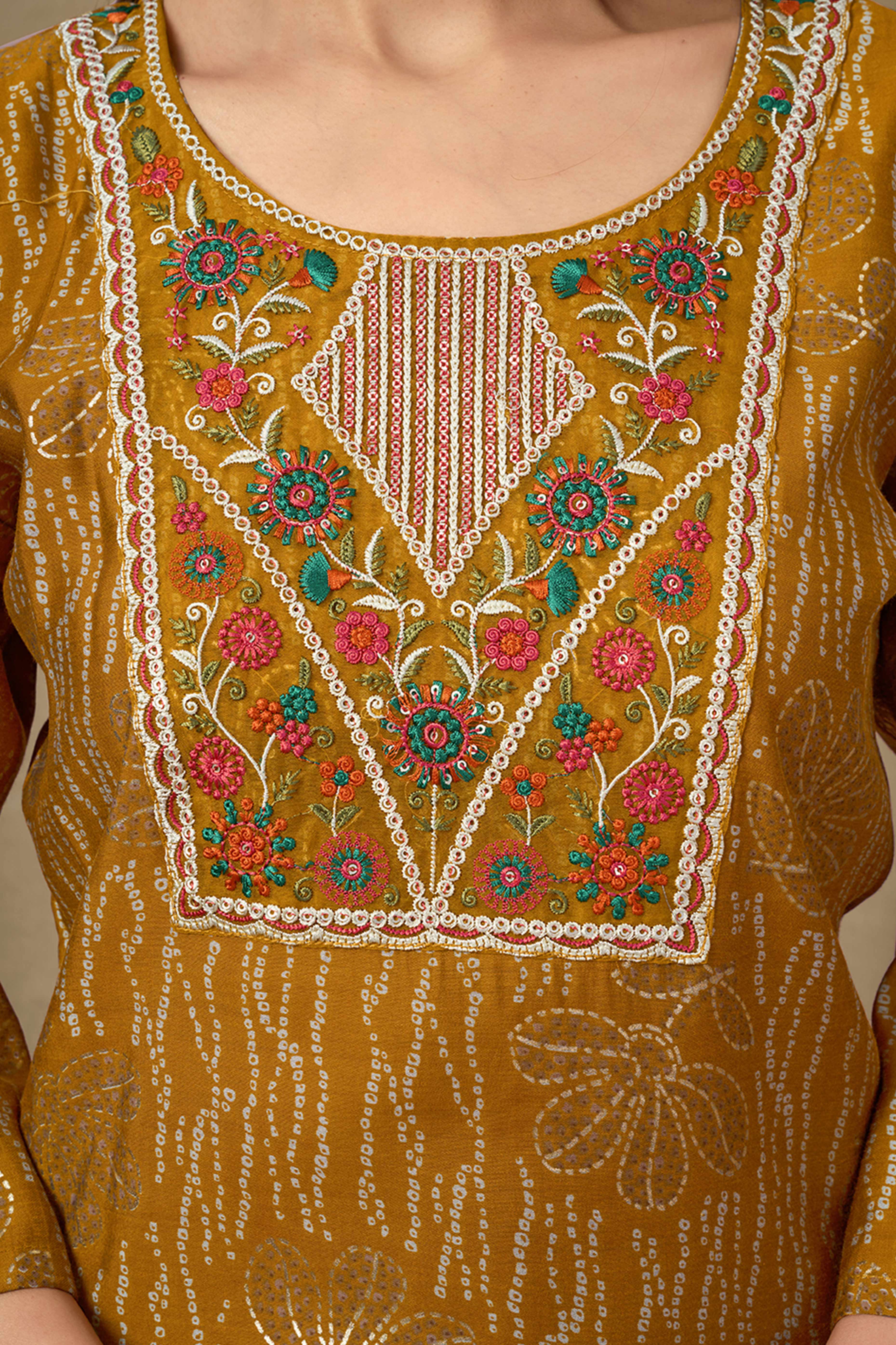 Mustard Bandhani Chanderi Silk Salwar Suit With Embroidered Neckline