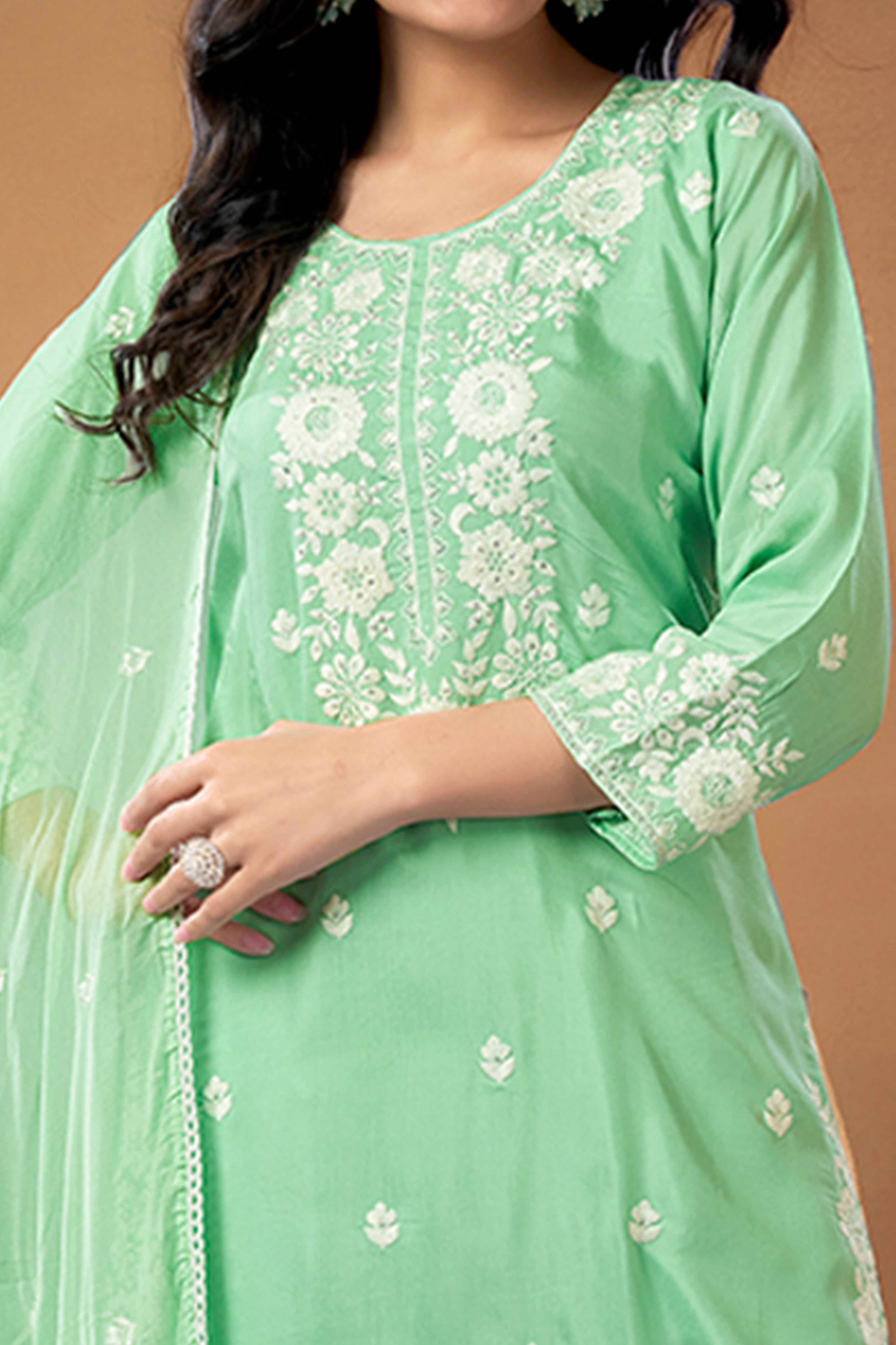 Sea Green Floral Embroidered Muslin Straigth Sharara Suit
