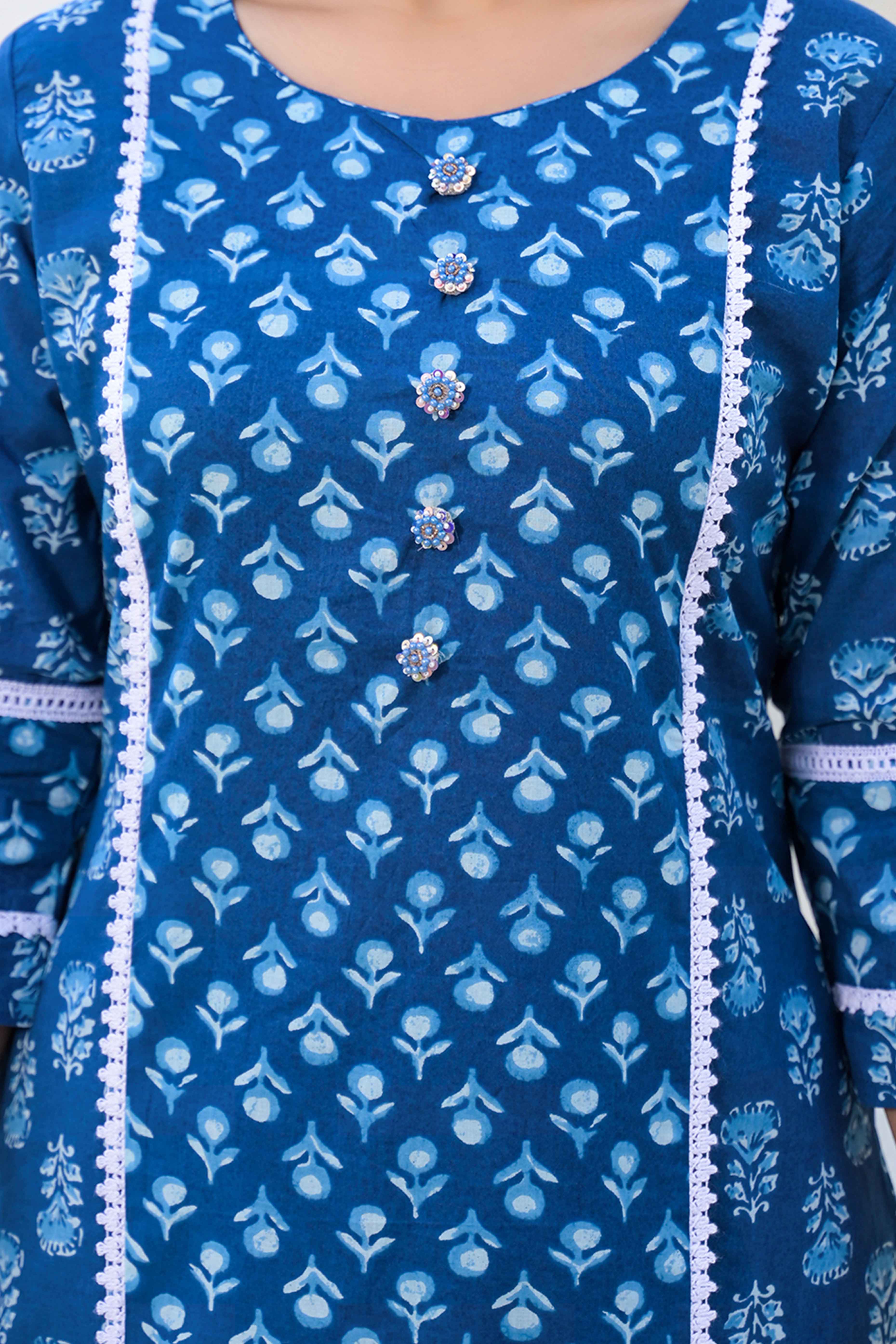 Navy Blue Floral Printed Cotton Suit With Straight Cut Design