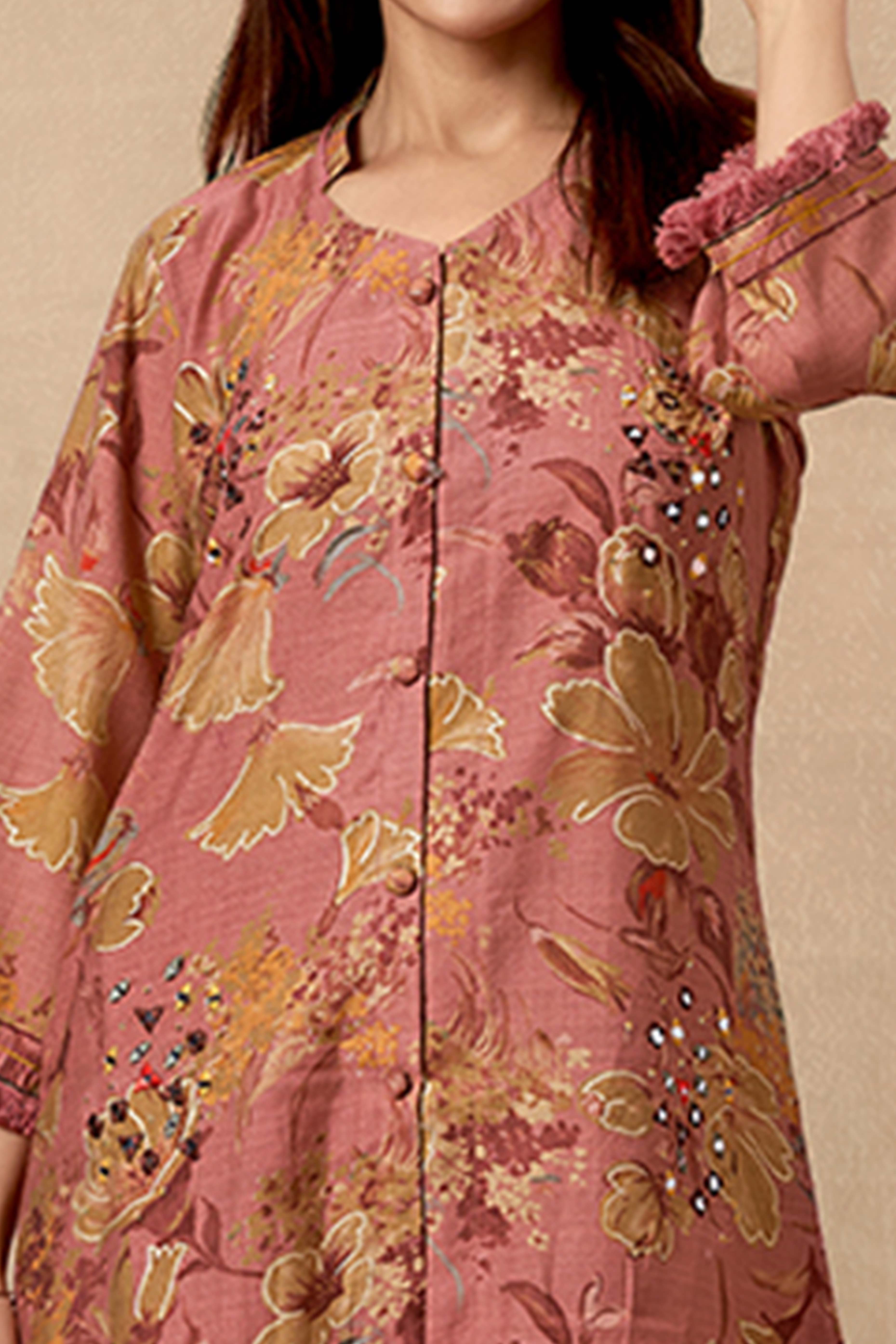 Dark Mauve Pure Cotton Floral Co-Ord Set with Handcrafted Mirror Work