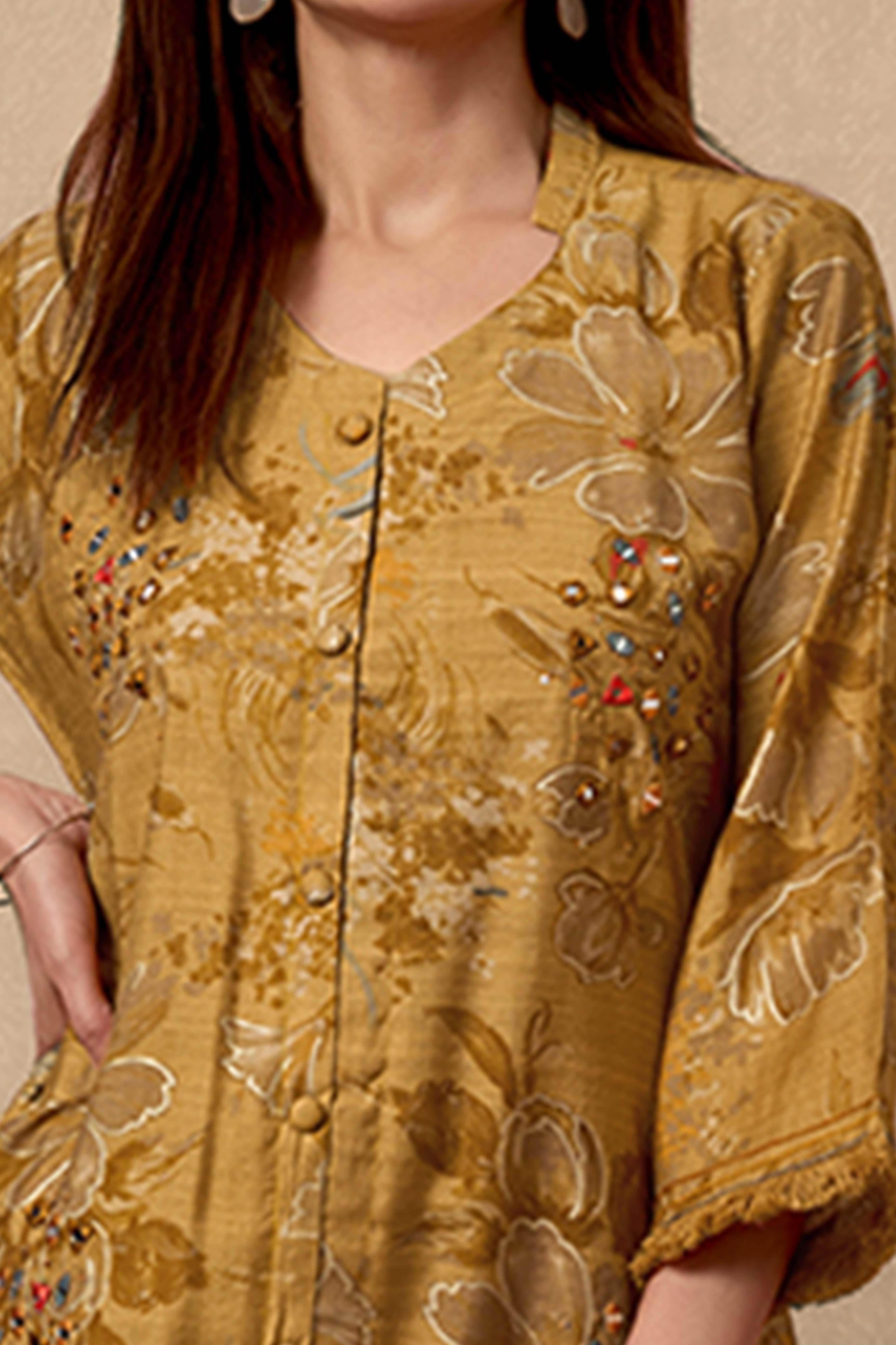 Mustard Pure Cotton Floral Co-Ord Set with Handcrafted Mirror Work