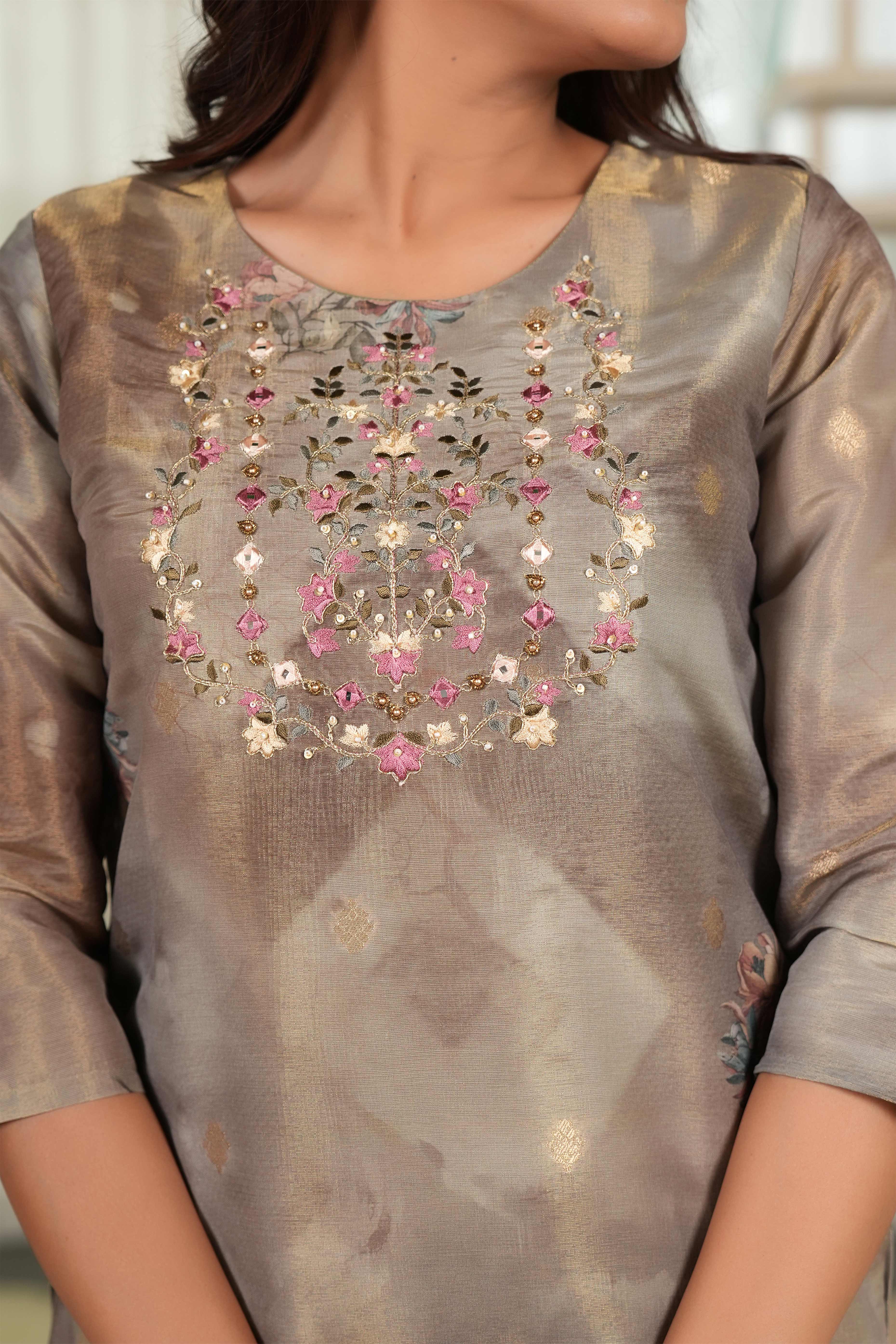 Dark Olive Shimmer Chanderi Silk Suit with Floral Digital Work & Subtle Hand Embroidery
