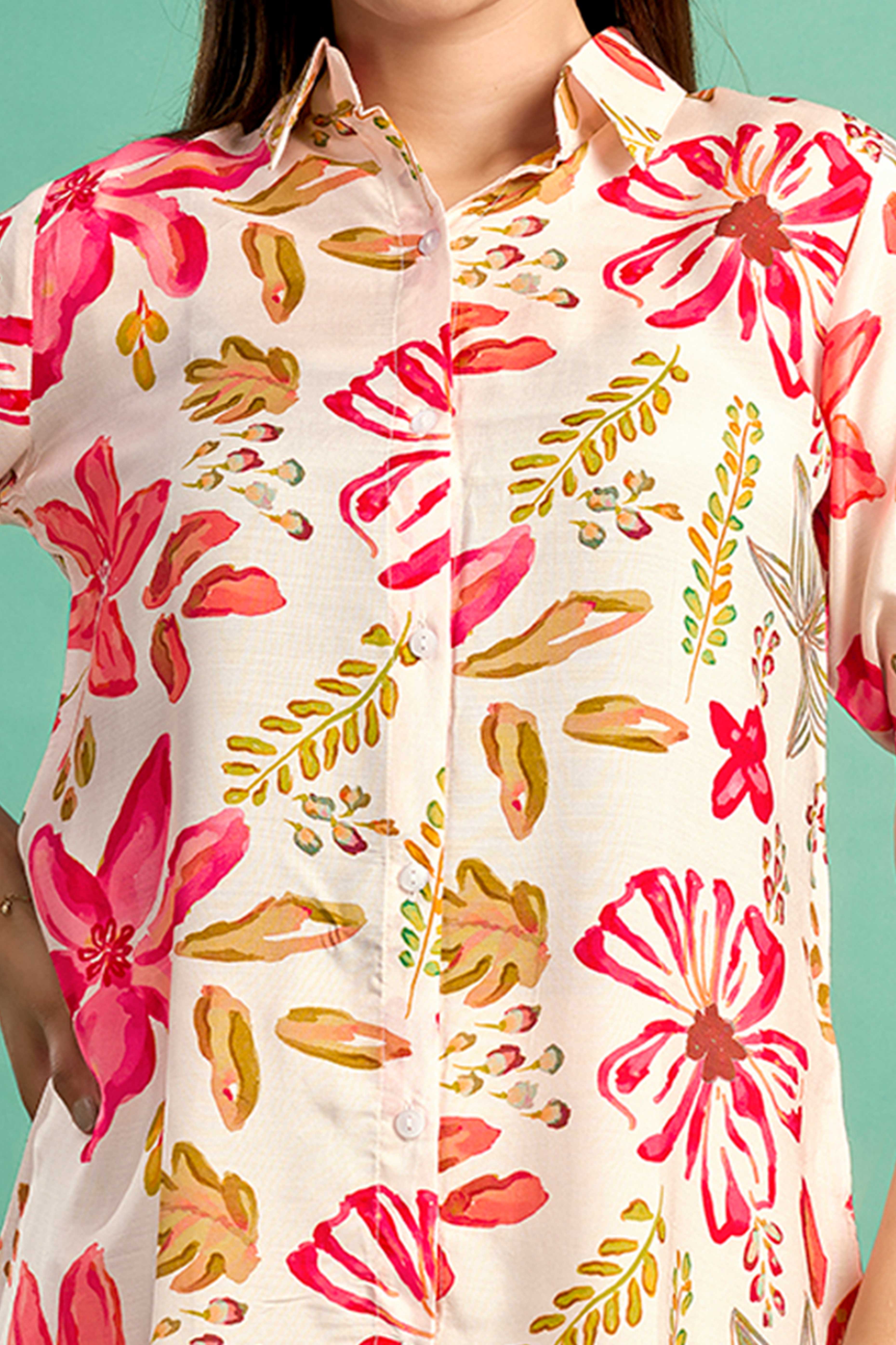 Cream & Pink Floral Printed Muslin Straight Top