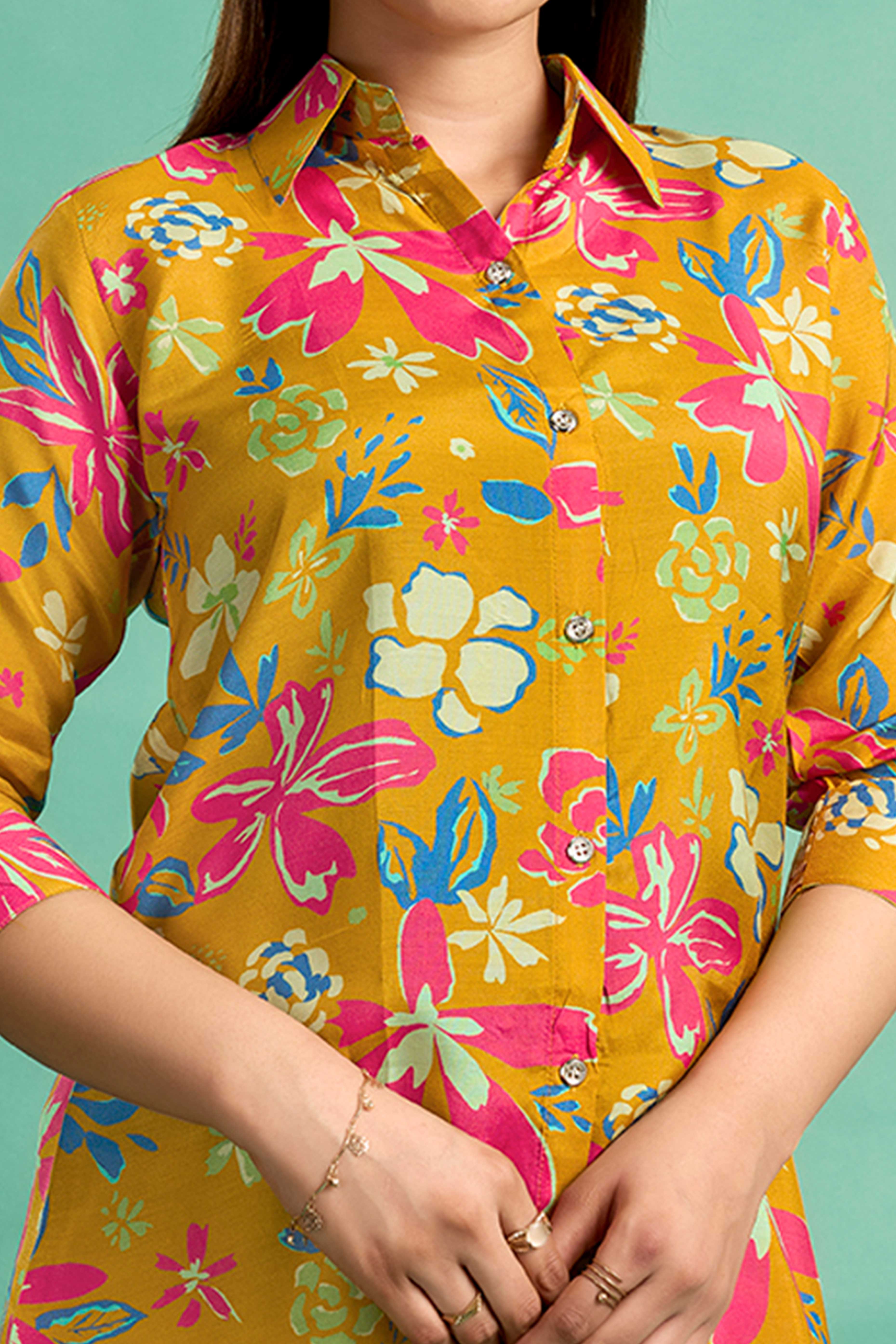 Brown Floral Printed Muslin Straight Top