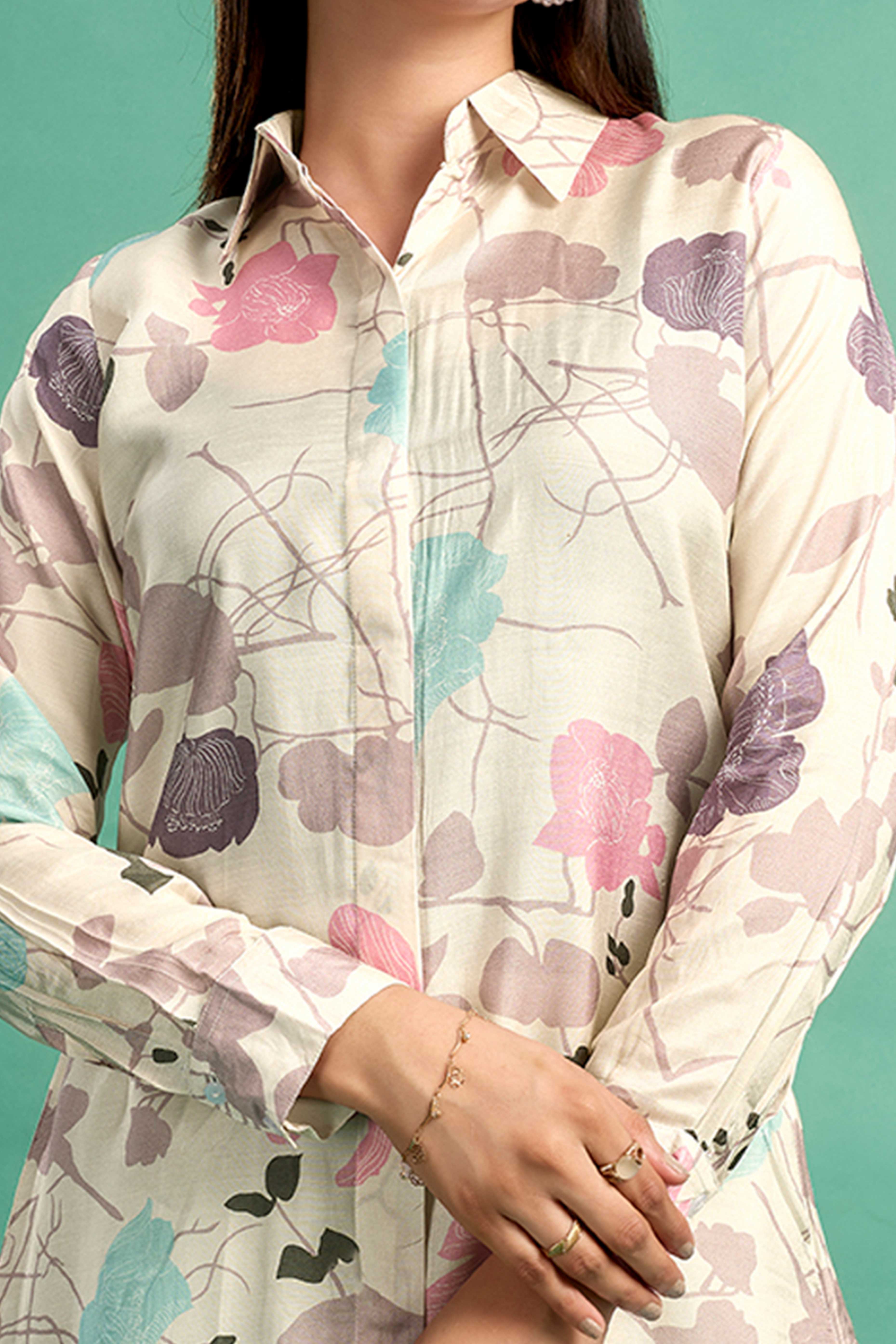 Cream Floral Printed Muslin Straight Top