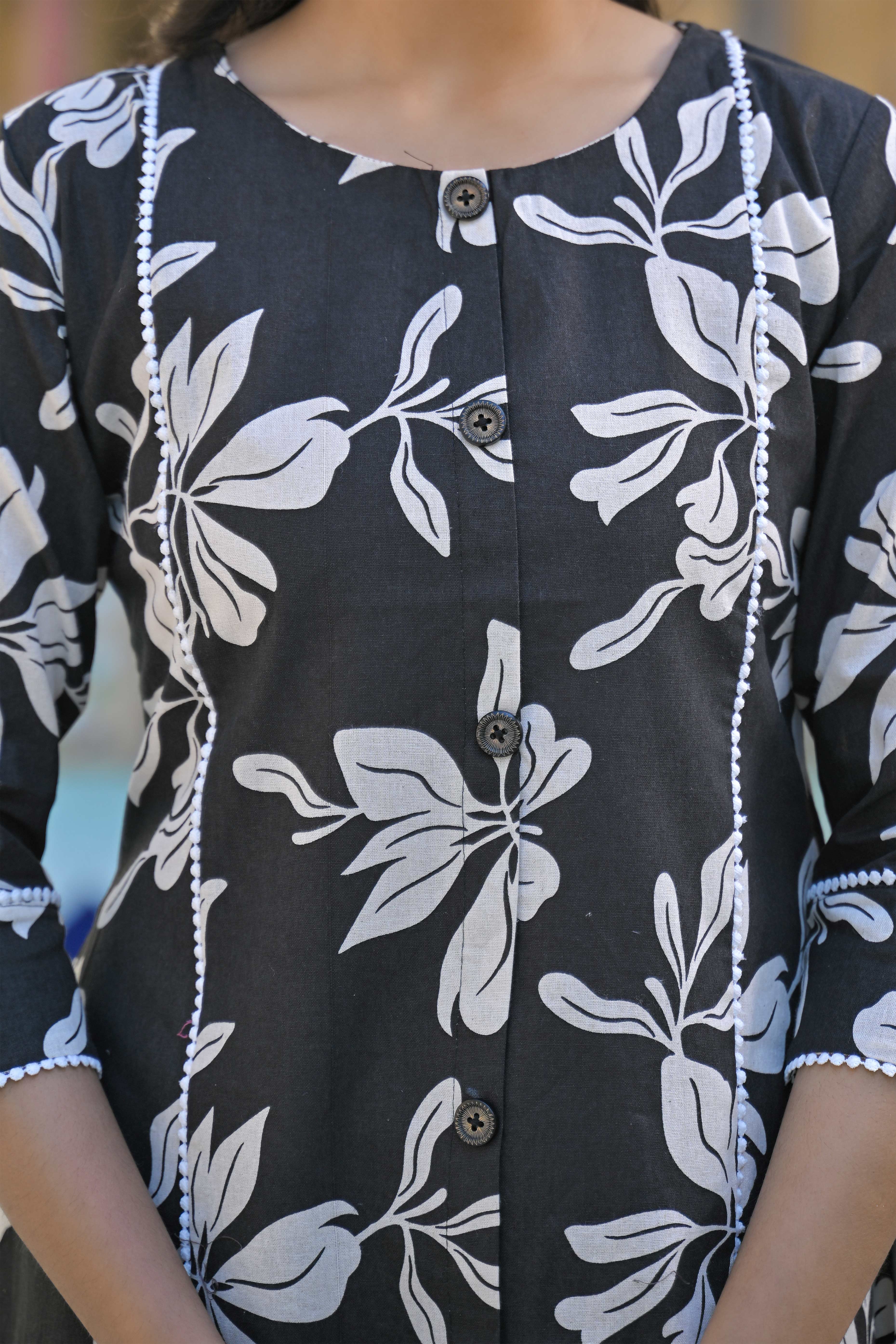 Black Floral Printed Pure Cotton A-Line Top