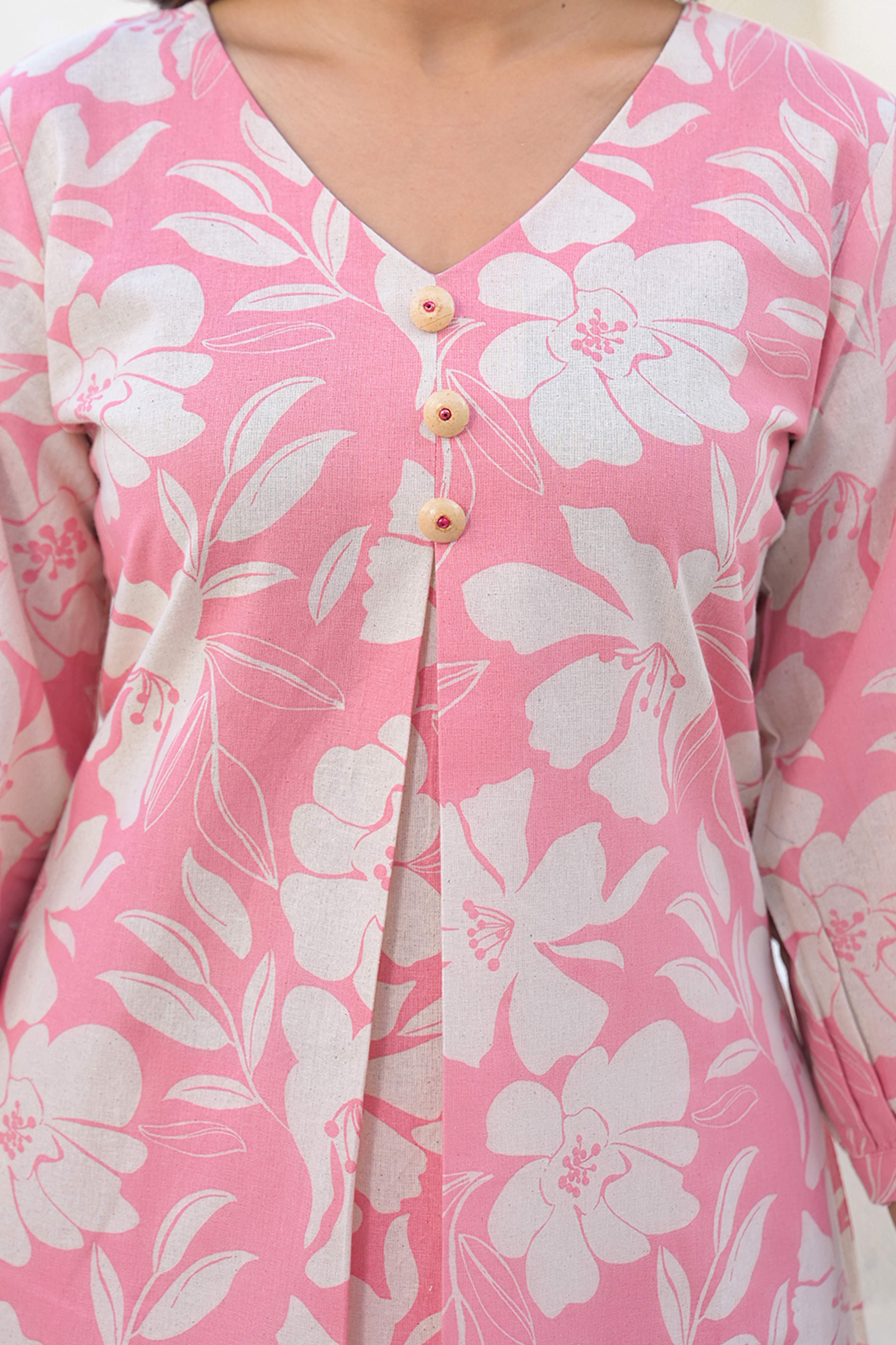 Floral Whisper Light Pink Cotton Flex A-Line Cut Co-Ord Set