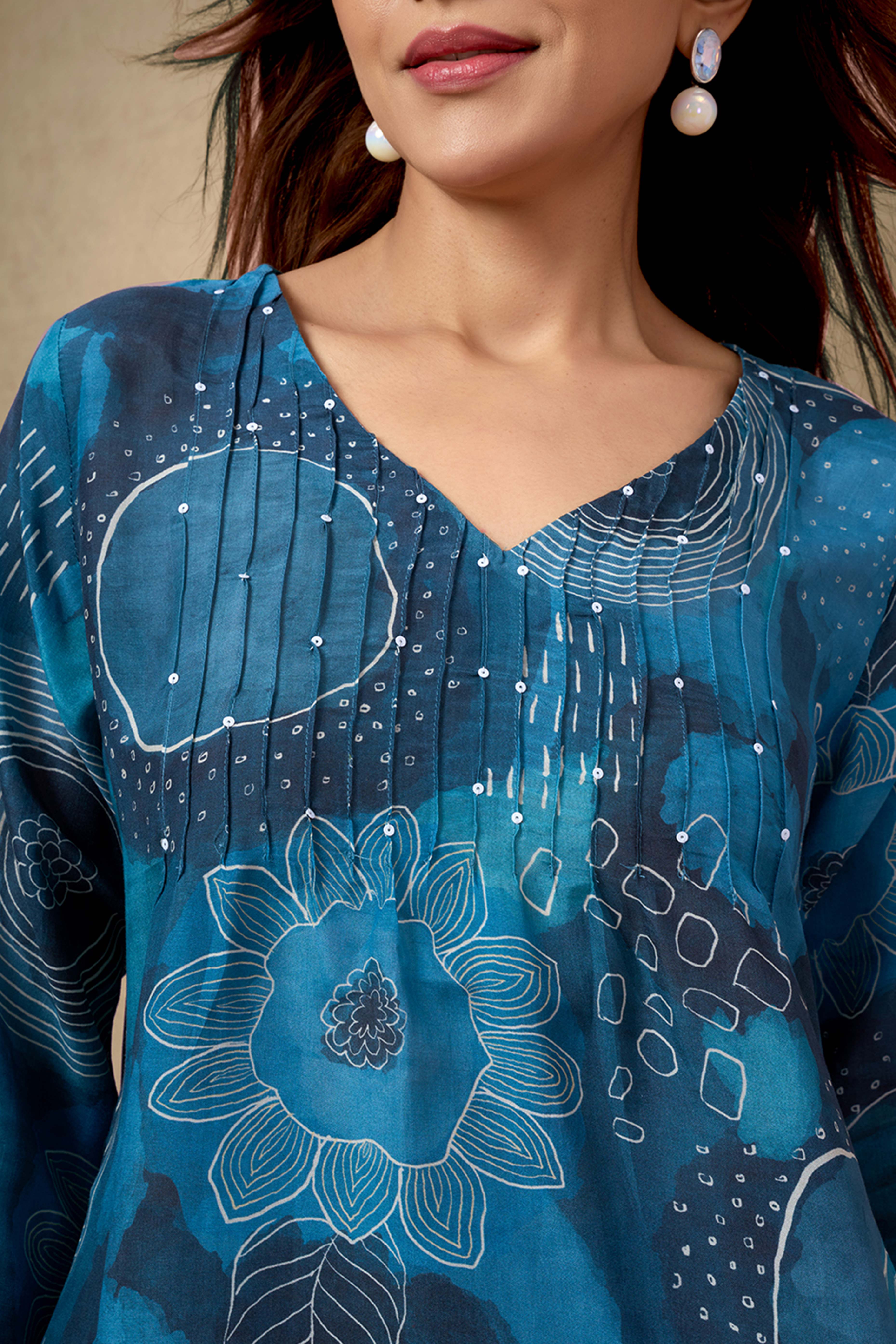 Teal Co-Ord Set In Muslin with Floral Print & Sequin Sparkle