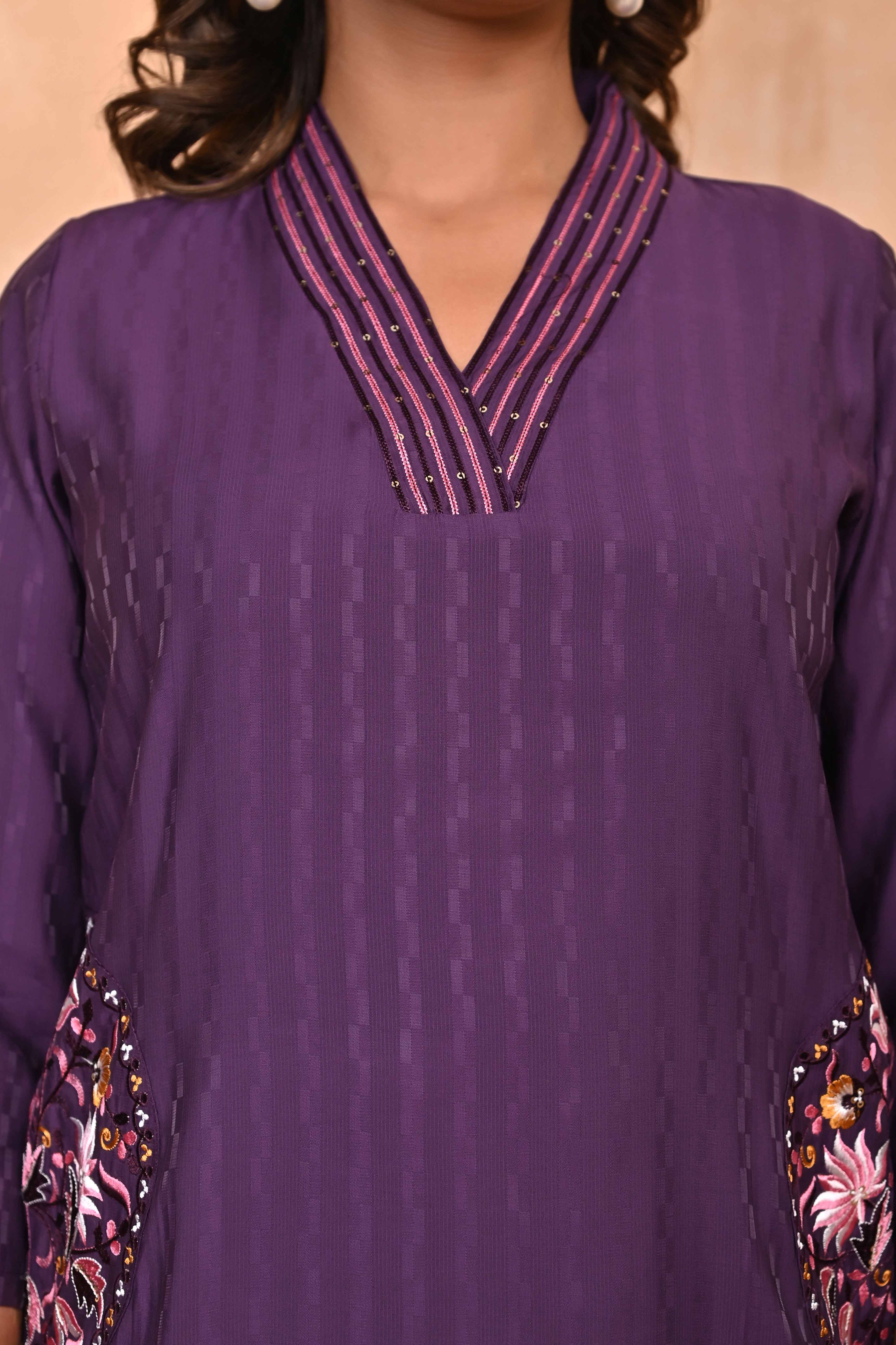 Elegant Wine Floral Straight Co-Ord Set In Poly Viscose With Sparkling Sequin Embroidery